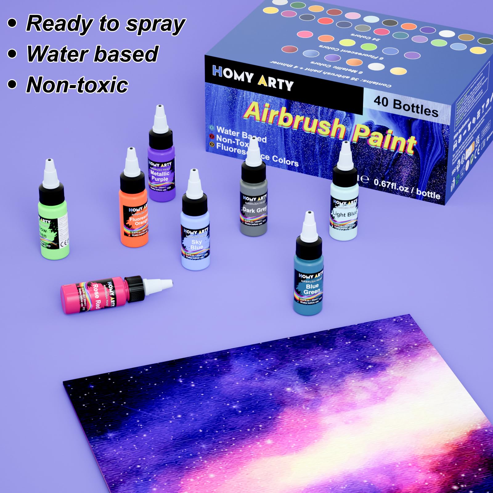 HOMY ARTY Airbrush Paint Set - 36 Water-Based Colors with 4 Thinners