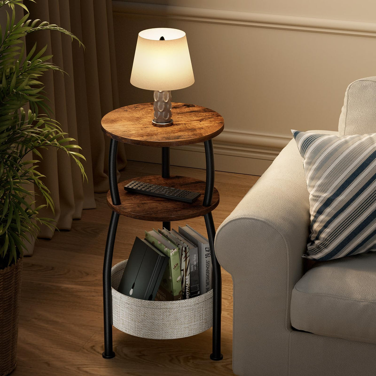 Yuede Round Side Table, 3 Tier Bedside Table, Small End Table with Fabric Basket, Coffee Table for Living Room, Bed Room, Small Space, Easy Assembly - image 5