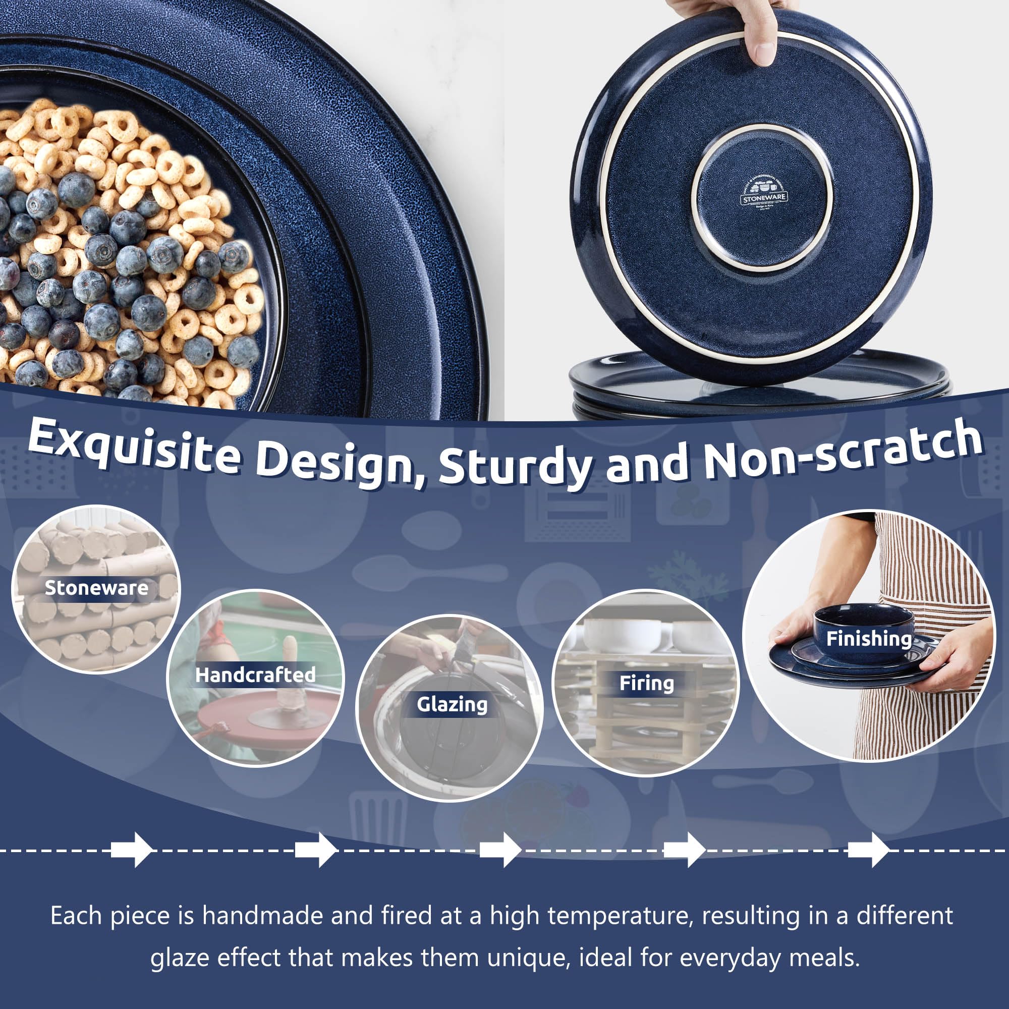 Homikit 12-Piece Stoneware Dinner Set – Reactive Glaze Blue Dinnerware