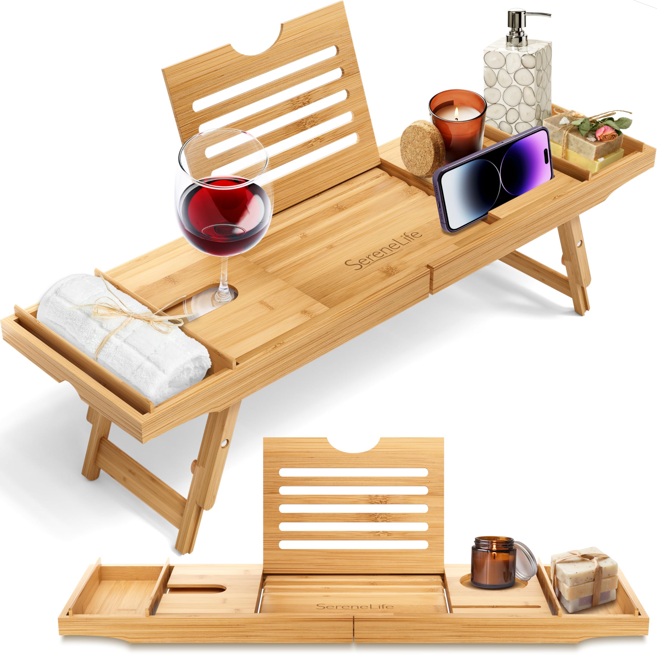 SereneLife Bamboo Bath Caddy & Bed Tray – Extendable Waterproof Wood Table