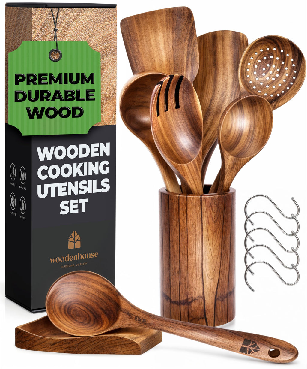 Woodenhouse Teak Wood Utensils Set - 12pc Cooking Spoons with Holder