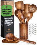 Woodenhouse Teak Wood Utensils Set - 12pc Cooking Spoons with Holder