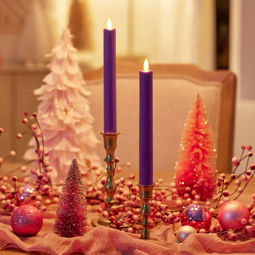 Luminara Flameless LED Taper Candles – Purple Real Wax Flickering Flame, 2pk