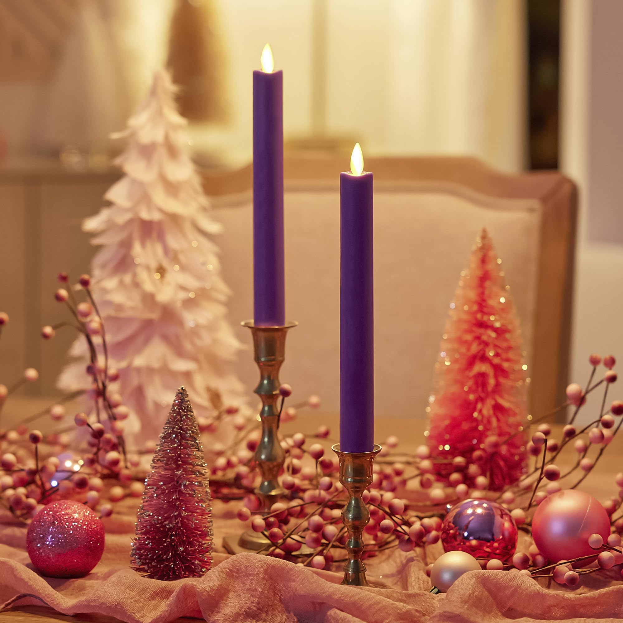 Luminara Flameless LED Taper Candles – Purple Real Wax Flickering Flame, 2pk