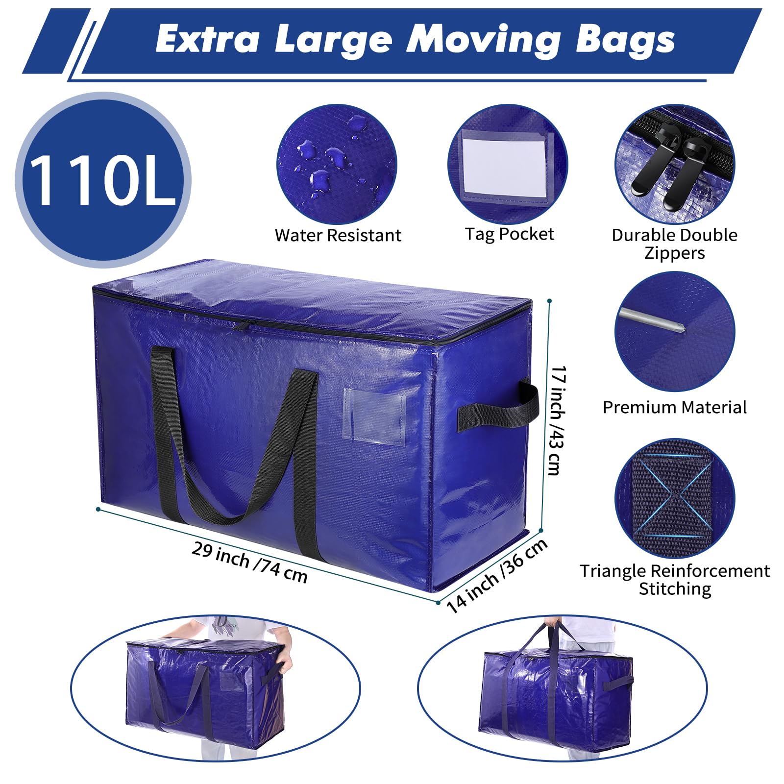 Uhogo 6 Pack Heavy Duty Moving Bags – 110L Waterproof Storage Totes