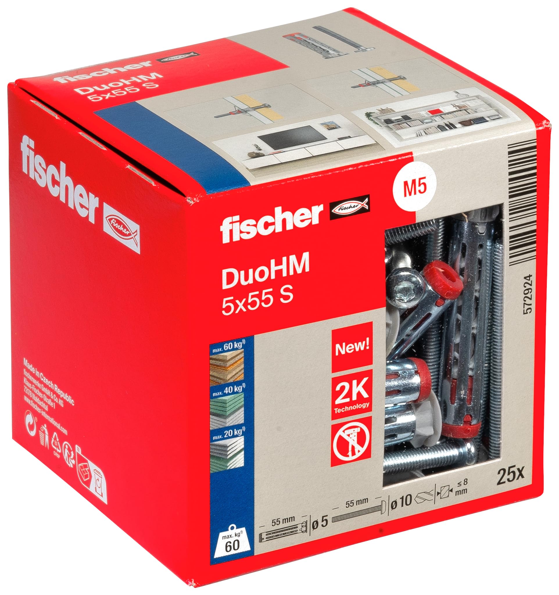 fischer DuoHM 5x55 S TX Cavity Dowels with Panhead Screws - 25 Pack