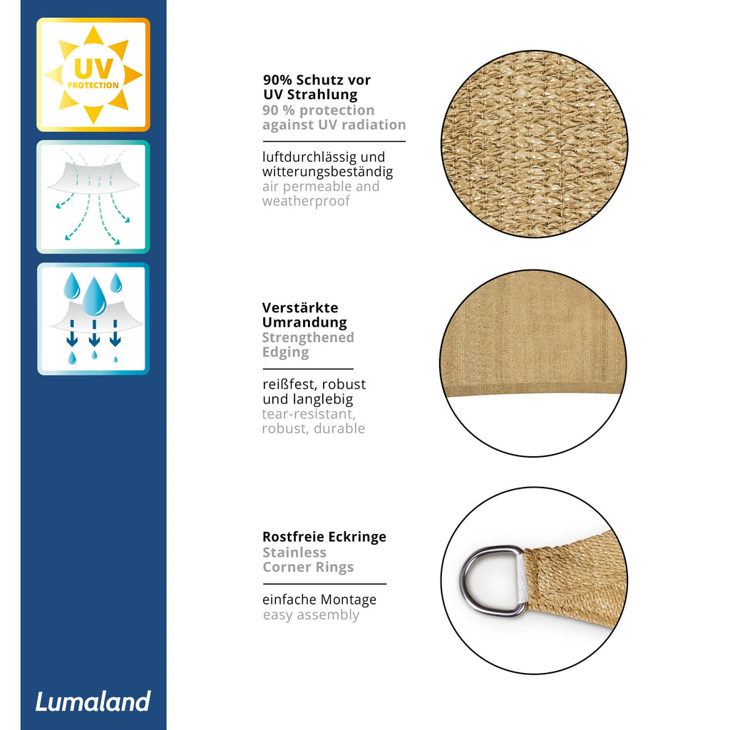 Lumaland Sun Shade Sail 3x3m Square | HDPE Weatherproof UV Protection