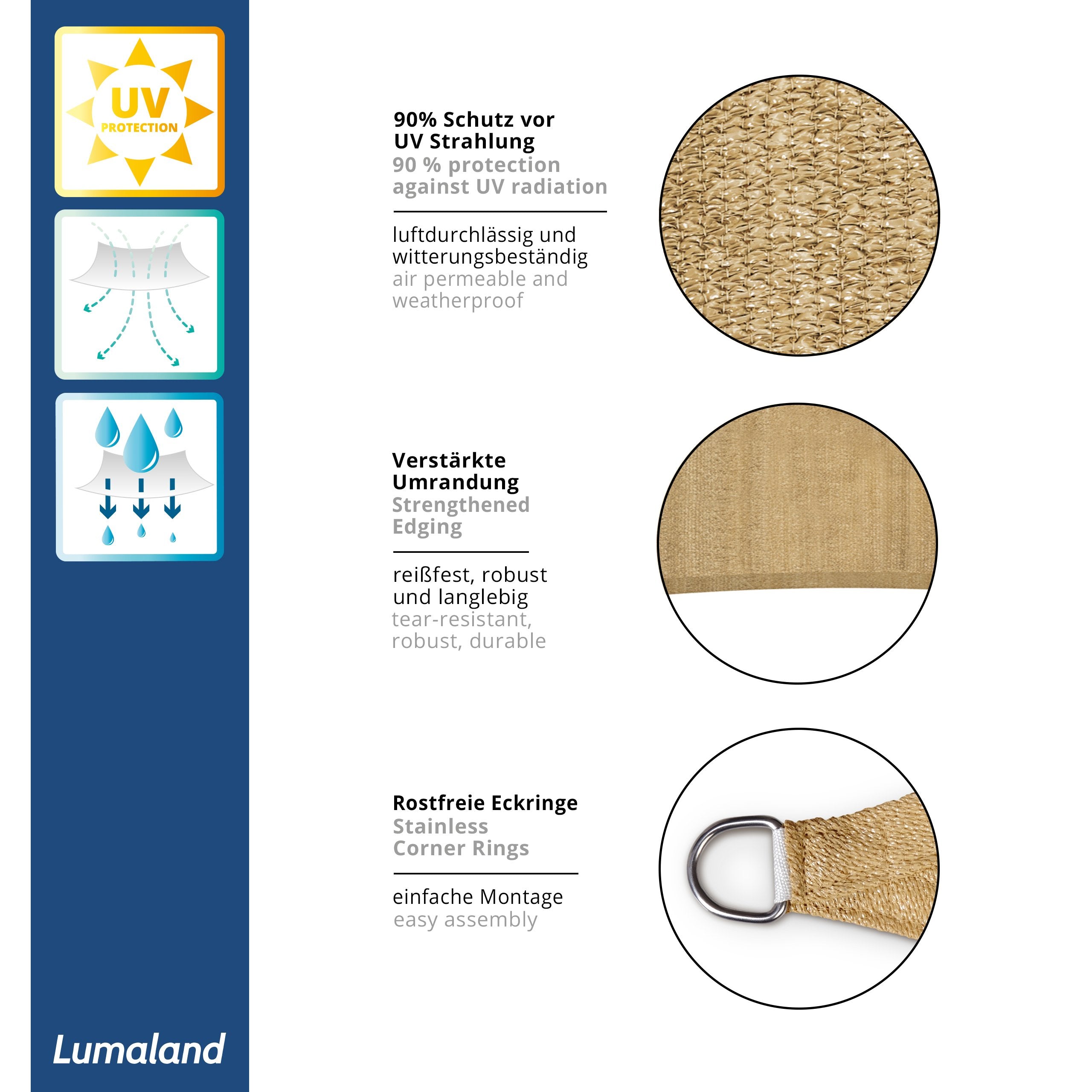 Lumaland Sun Shade Sail 3x3m Square | HDPE Weatherproof UV Protection