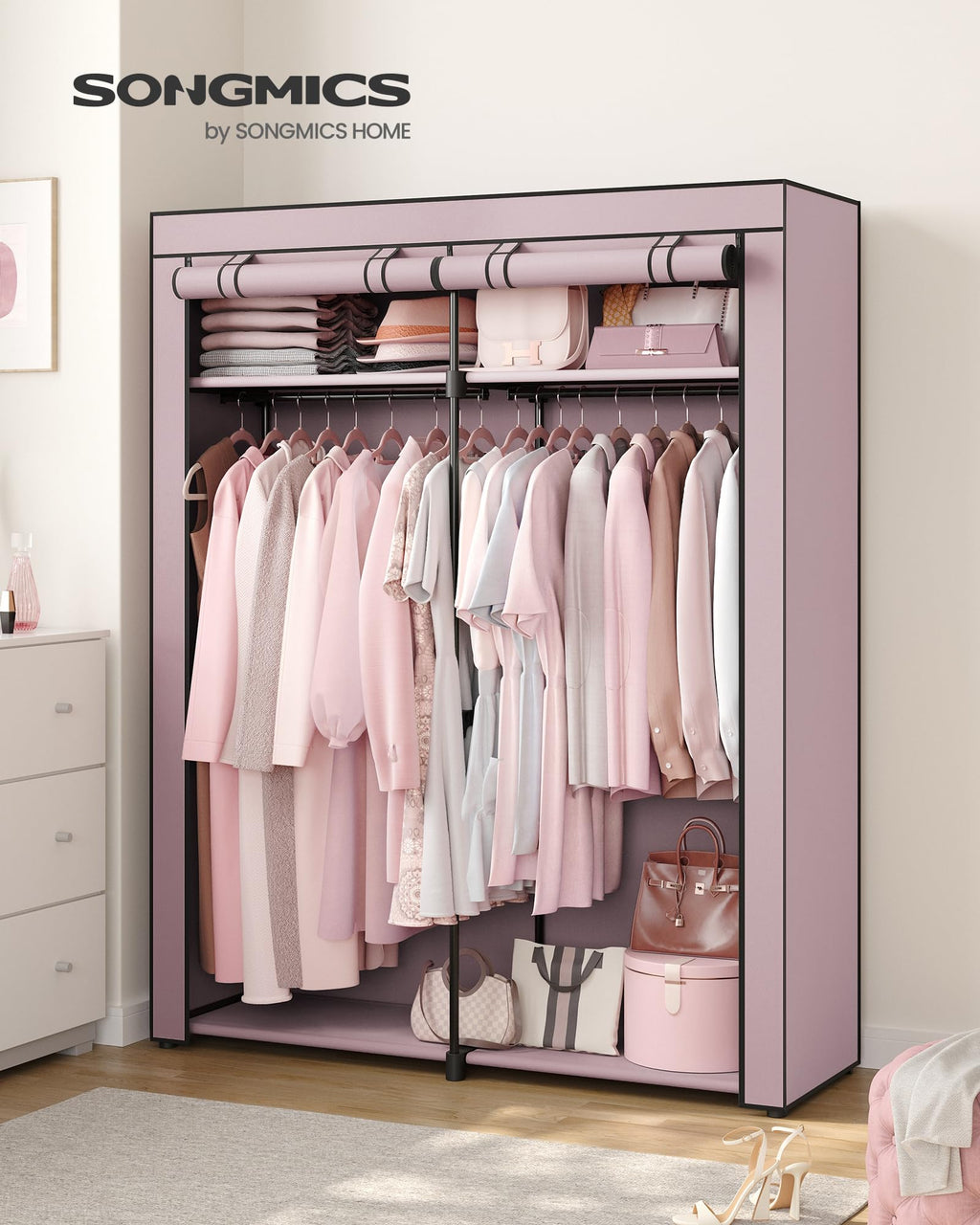 SONGMICS Portable Fabric Wardrobe – Collapsible Clothes Rack, Lavender Purple