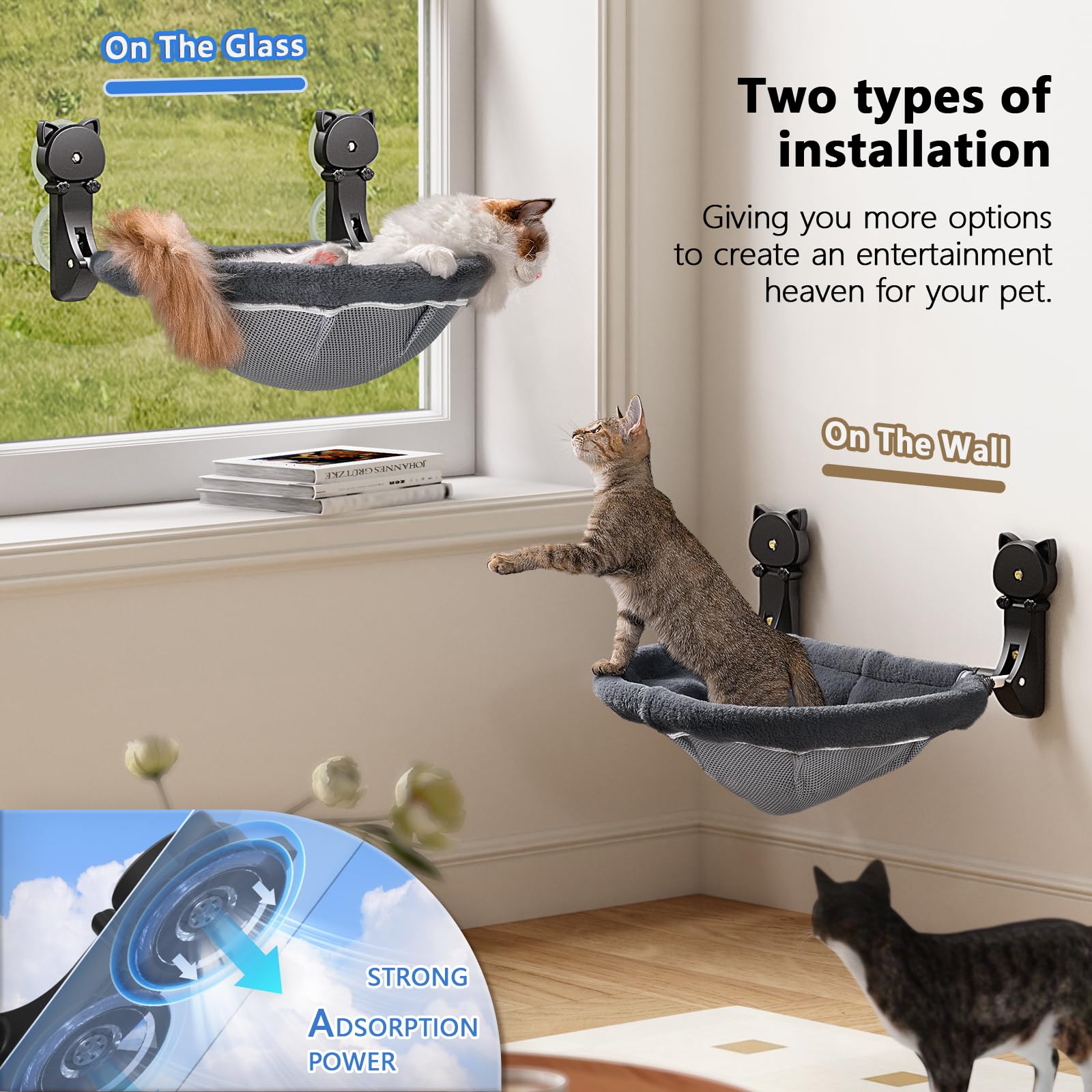 JUNSPOW Cordless Cat Window Perch – Foldable Mesh & Faux Fur Hammock