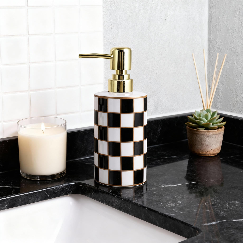 Checkered Bathroom Soap Dispenser,Gold Pump Ceramic Soap Dispenser,Kitchen Checkerboard Empty Pump Bottle,Bath Countertop Storage Organizer,Checkered - image 3