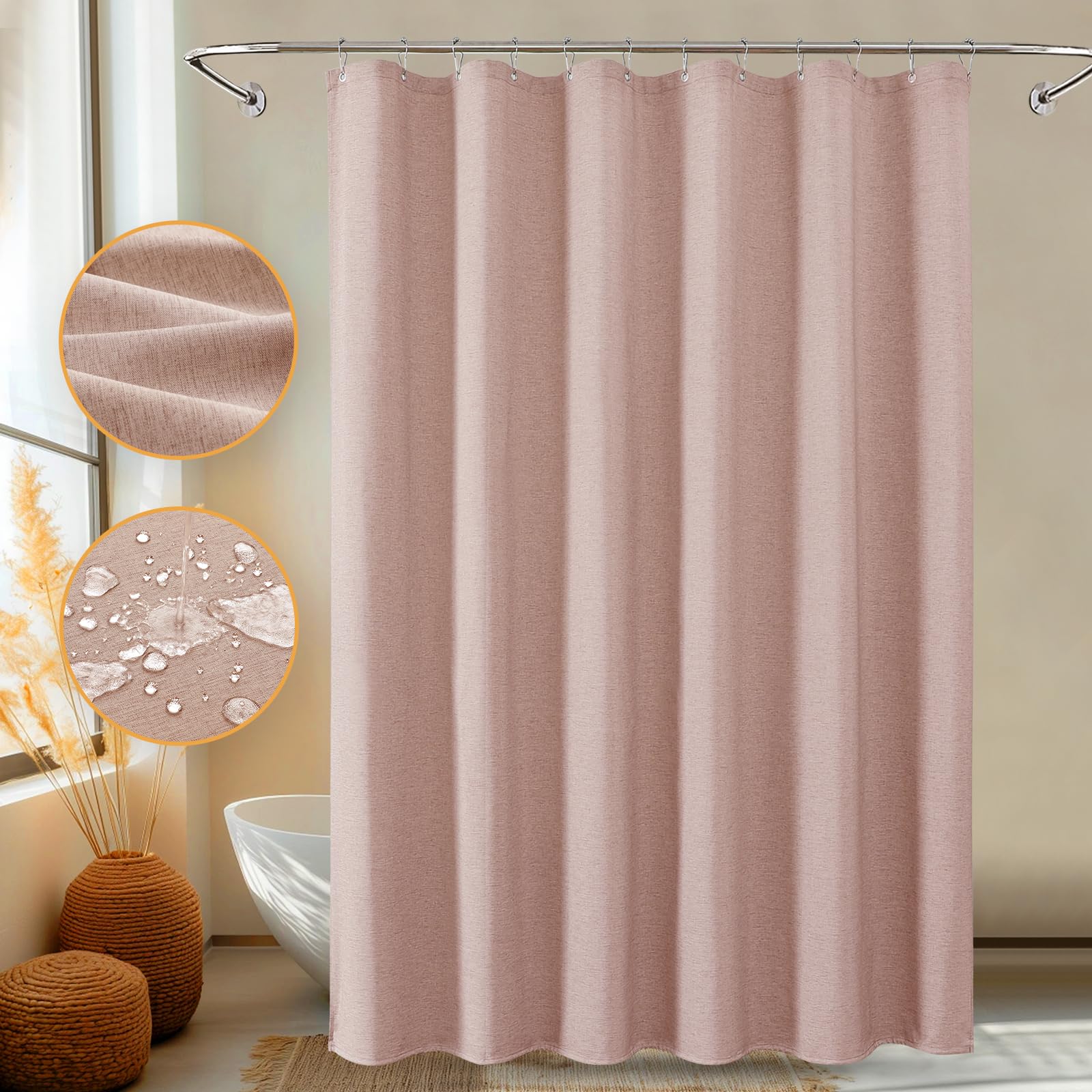 Pink Linen-Texture Waterproof Shower Curtain | 275 x 183cm