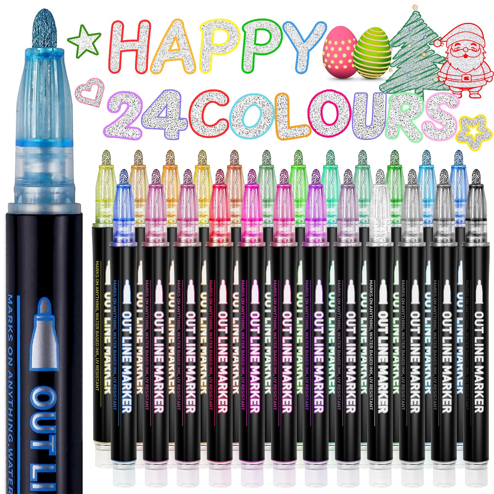 Lenski 24-Color Outline Glitter Marker Pens for Kids Arts and Crafts