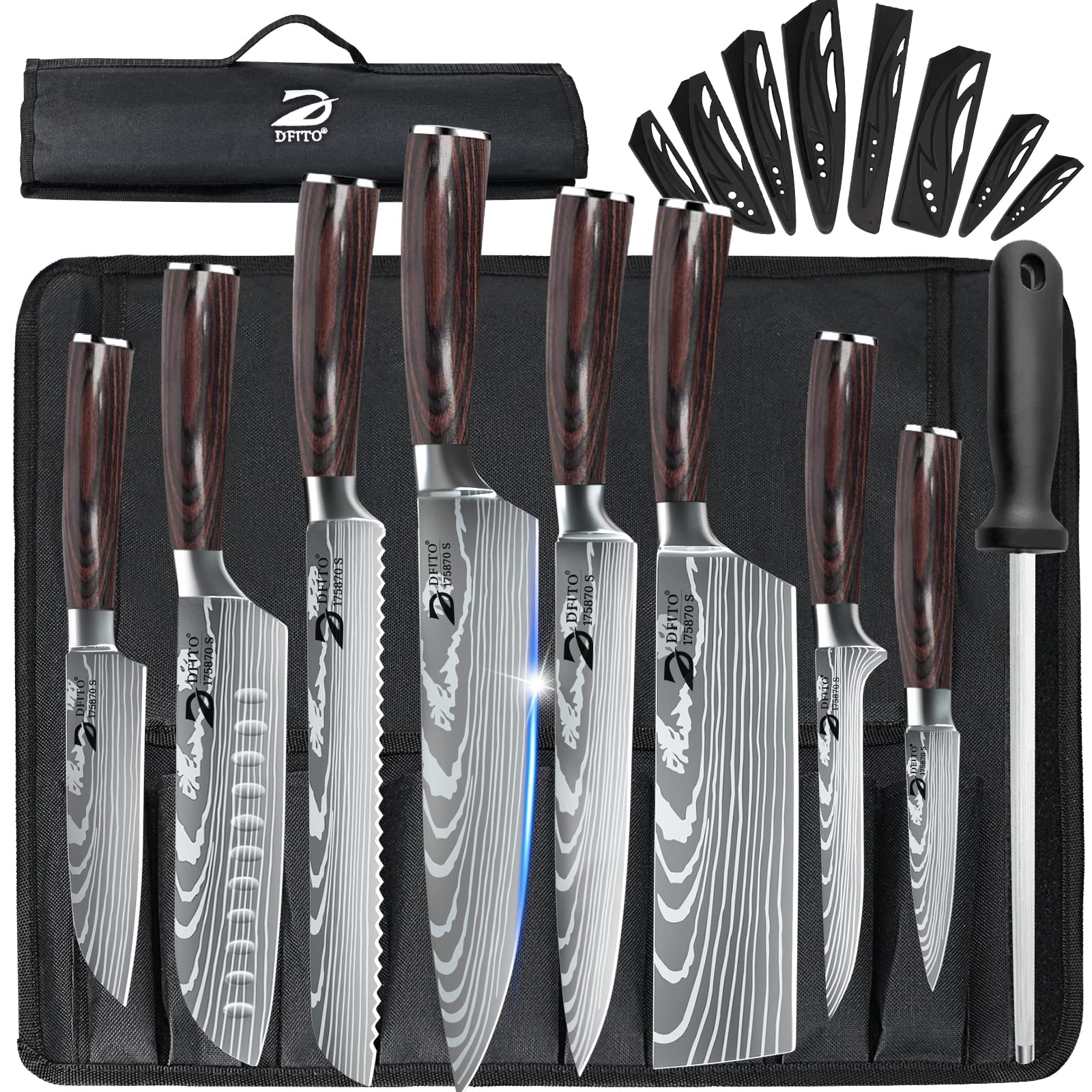 Dfito 9-Piece Professional Chef Knife Set | Red Pakkawood Handle
