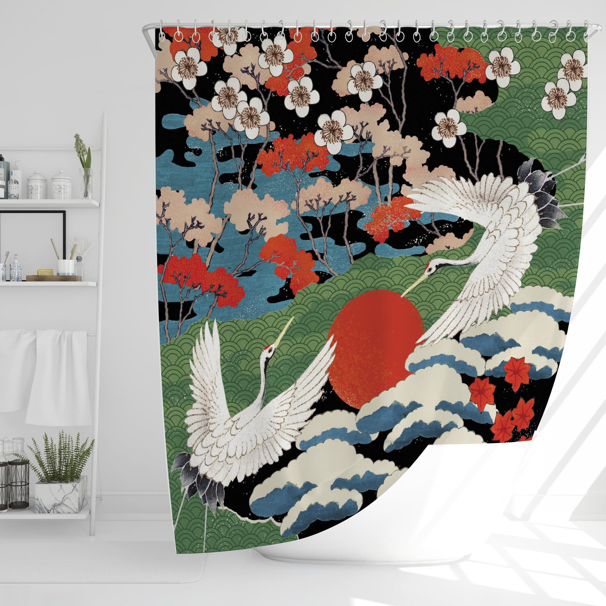 JJ PRIME Japanese Crane Shower Curtain - Waterproof Polyester 180x180cm