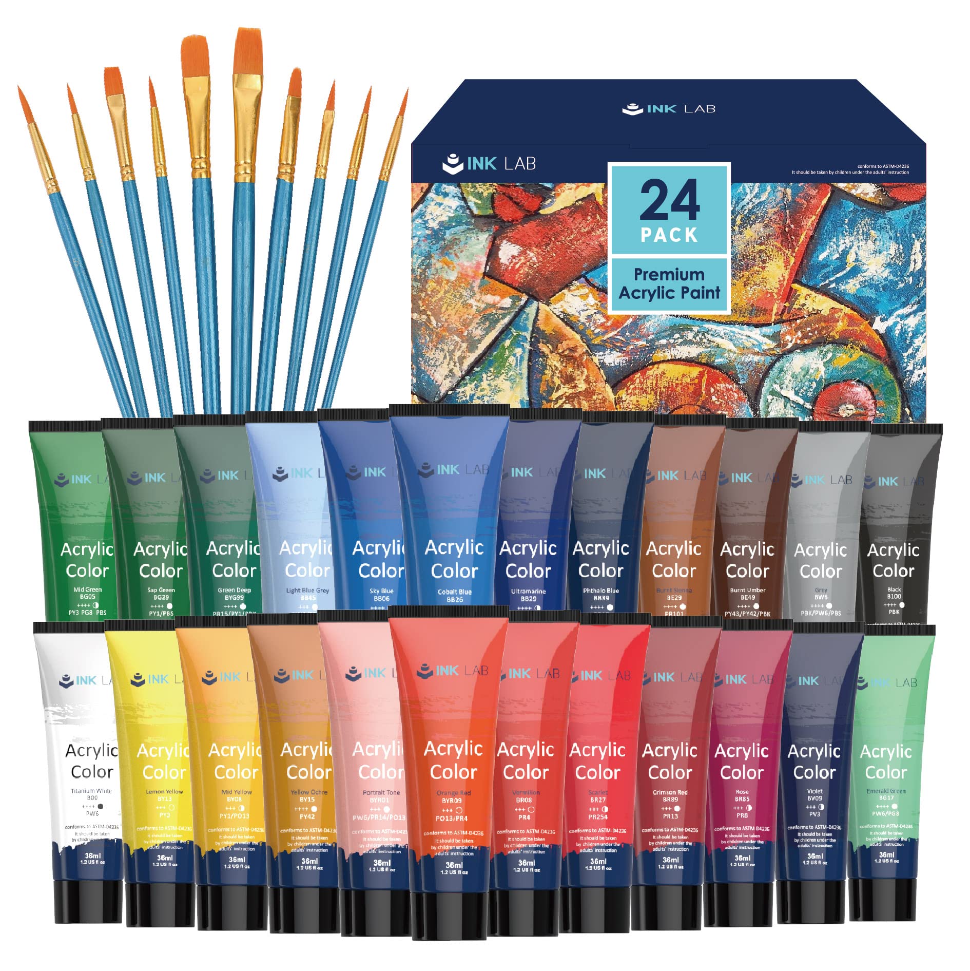 INK LAB 24 Color Acrylic Paint Set | Non-Toxic 36ml Tubes for Artists