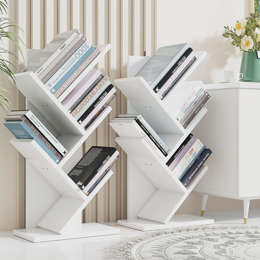 YMYNY 4-Tier Tree Bookshelf | Modern Wood Narrow Display Rack, White