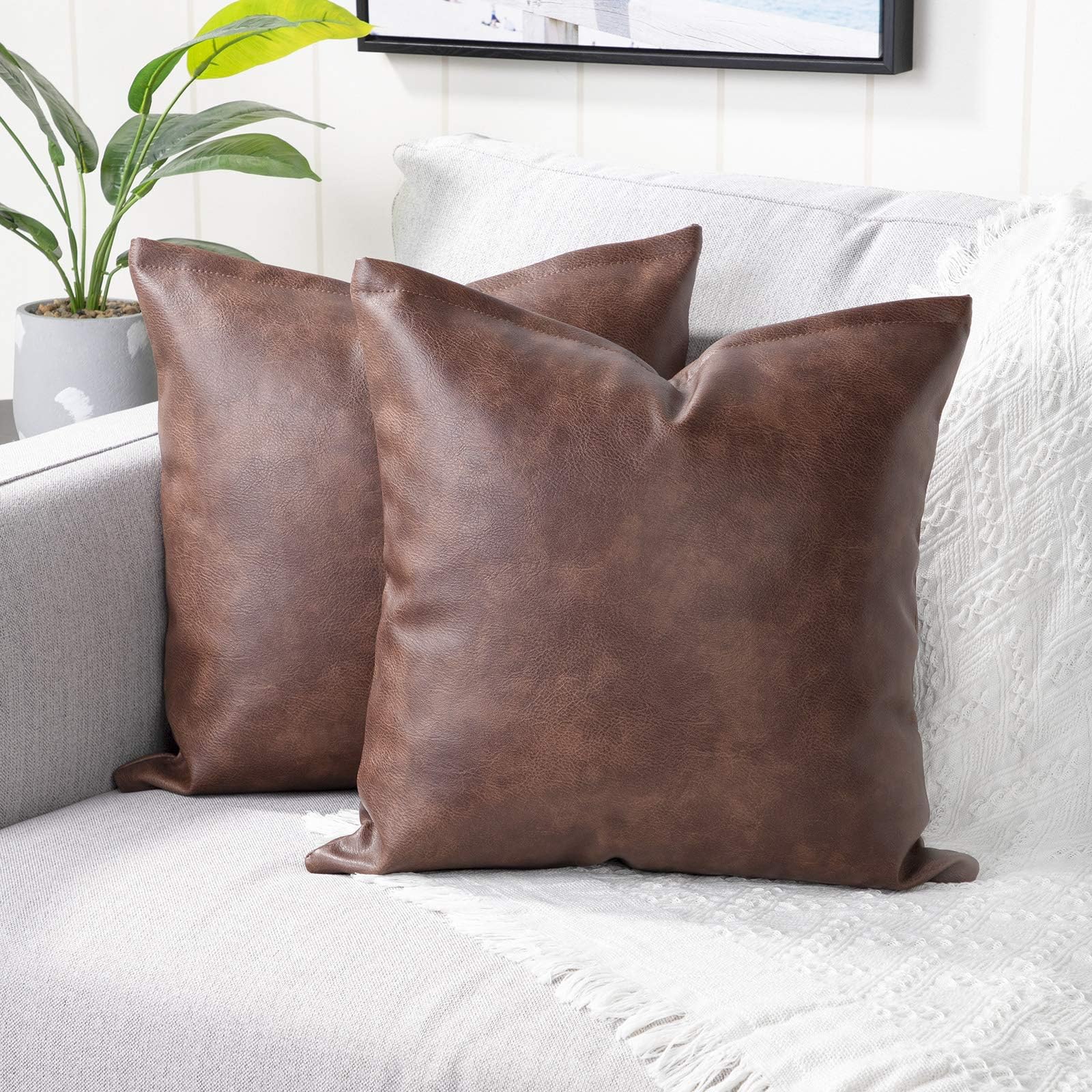 YAERTUN Faux Leather Throw Pillow Covers - Set of 2 Modern 24x24 Cases