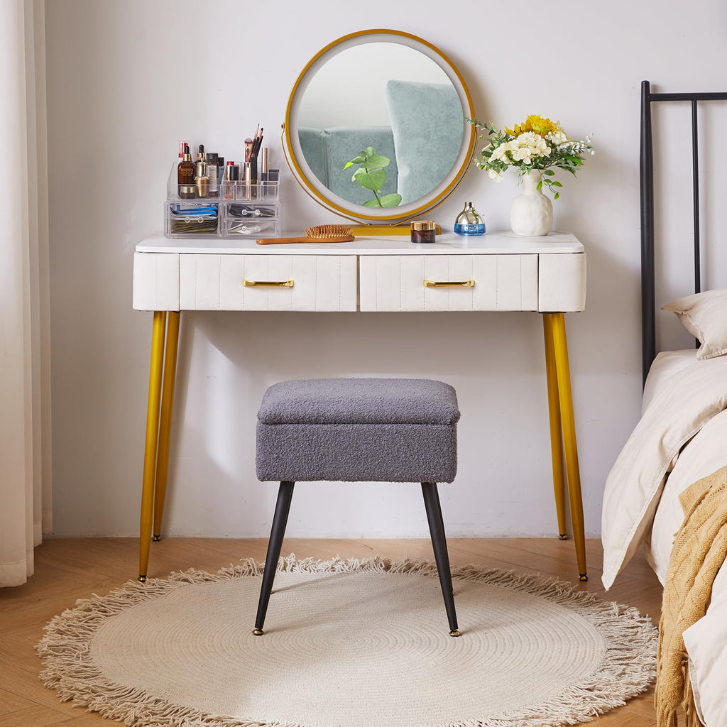 Aibiju Faux Teddy Fur Vanity Stool with Storage | Ottoman with Metal Legs