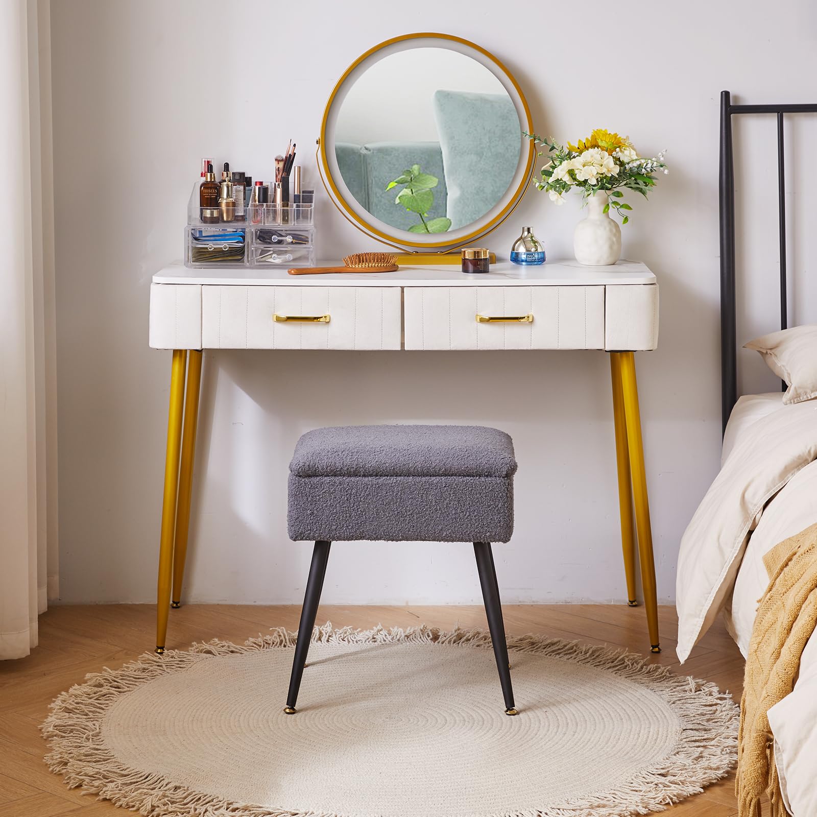 Aibiju Faux Teddy Fur Vanity Stool with Storage | Ottoman with Metal Legs