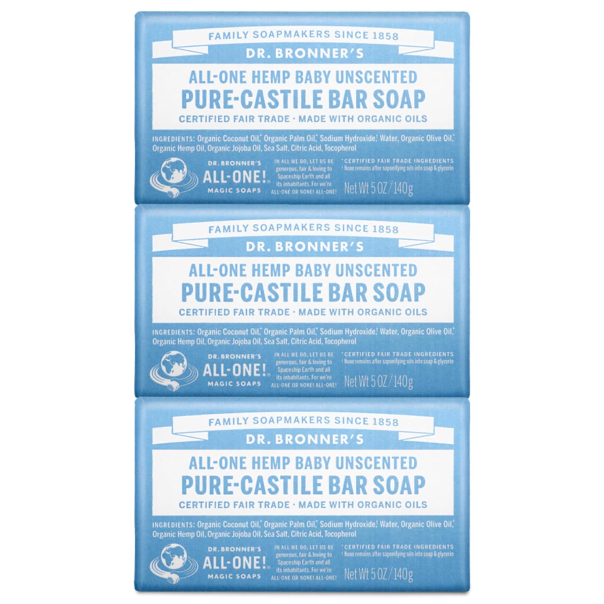 Dr. Bronner's Baby Unscented Pure-Castile Bar Soap, 5oz (Pack of 3)