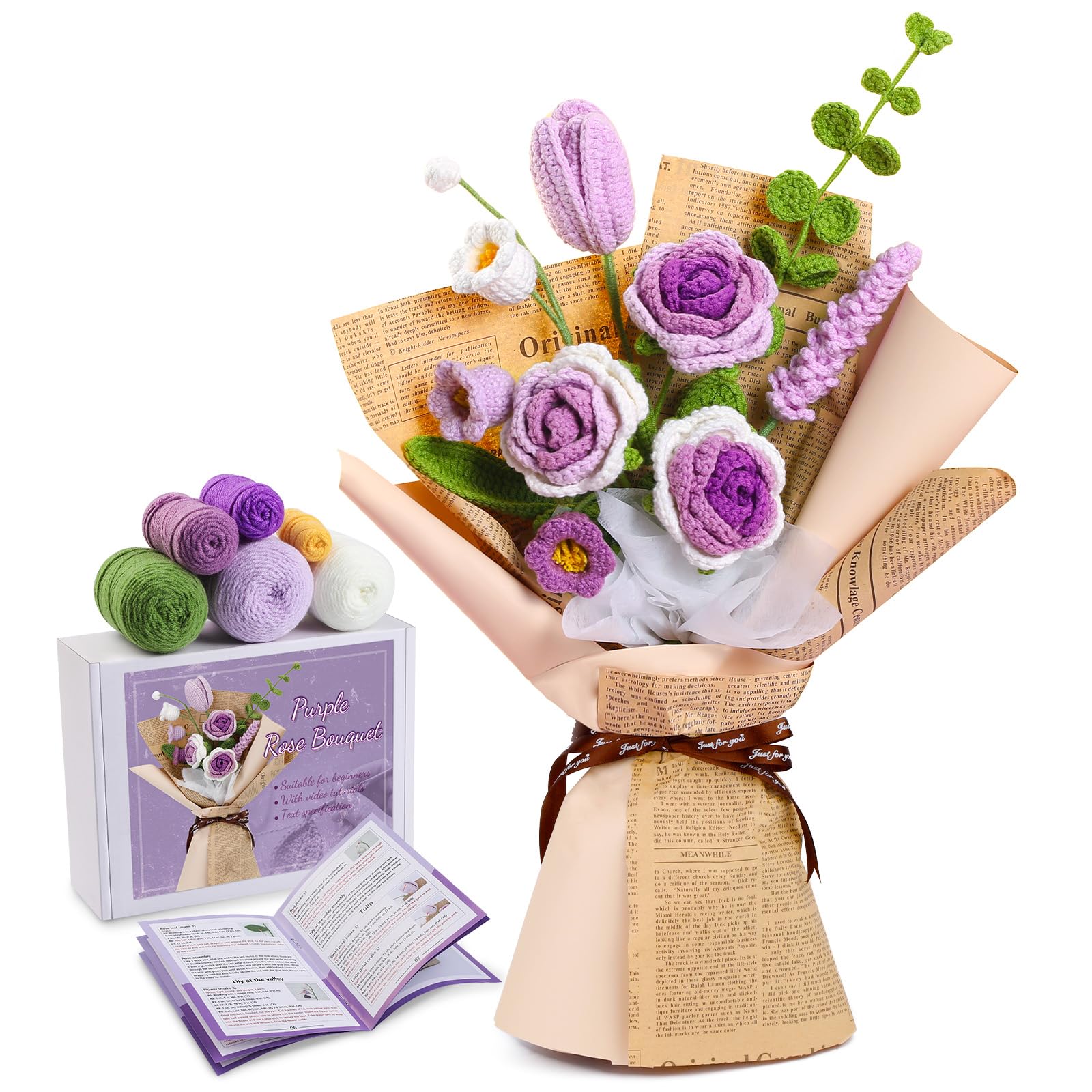 ENCHOL Beginner Crochet Kit | Purple Rose Flower Bouquet DIY Craft Set