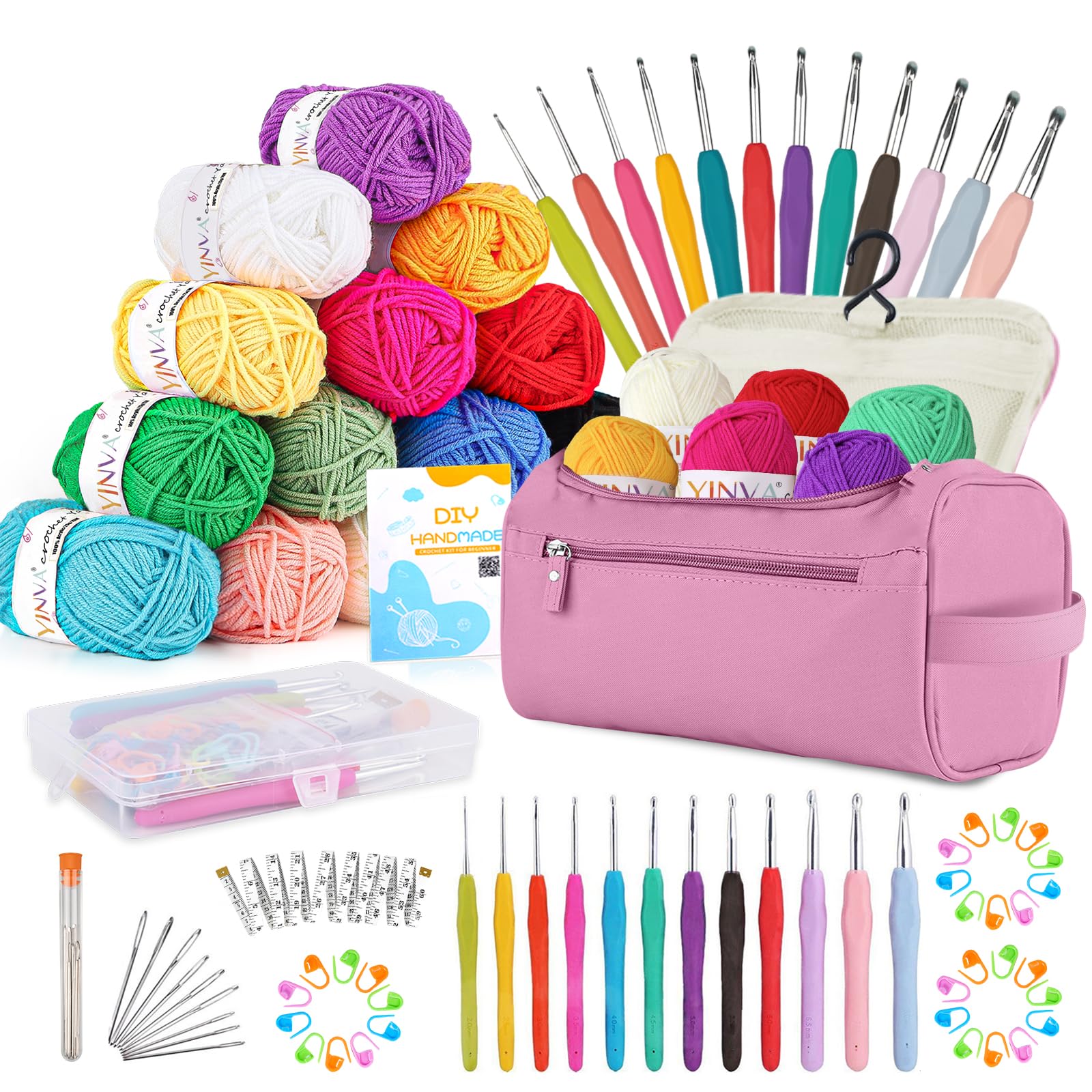 YINVA Crochet Kit for Beginners: 15 Colors Yarn & 12 Ergonomic Hooks