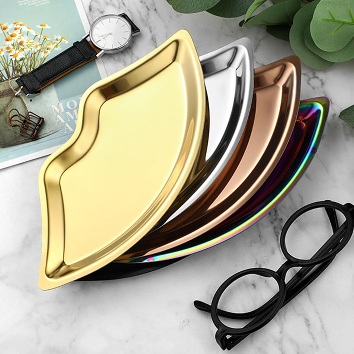 BuerHomie Black Serving Tray, Lip Shape, Stainless Steel, for Trinket Key silvery