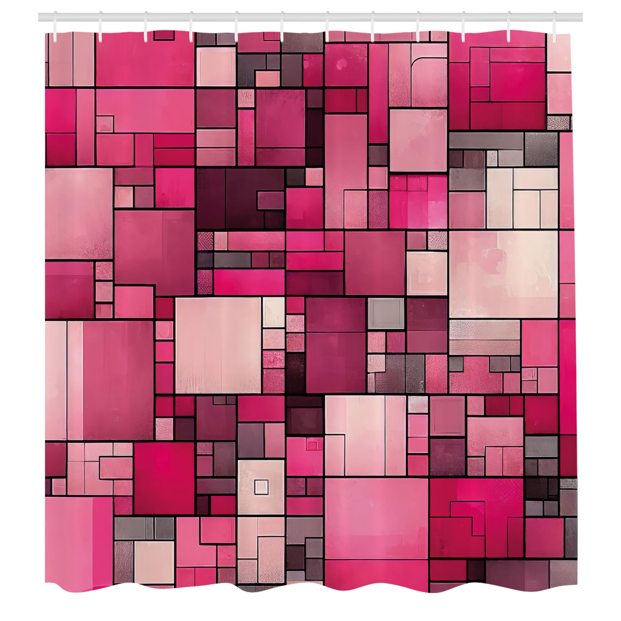 Abakuhaus Pink Fabric Shower Curtain | Y2K Squares Waterproof Decor with Hooks