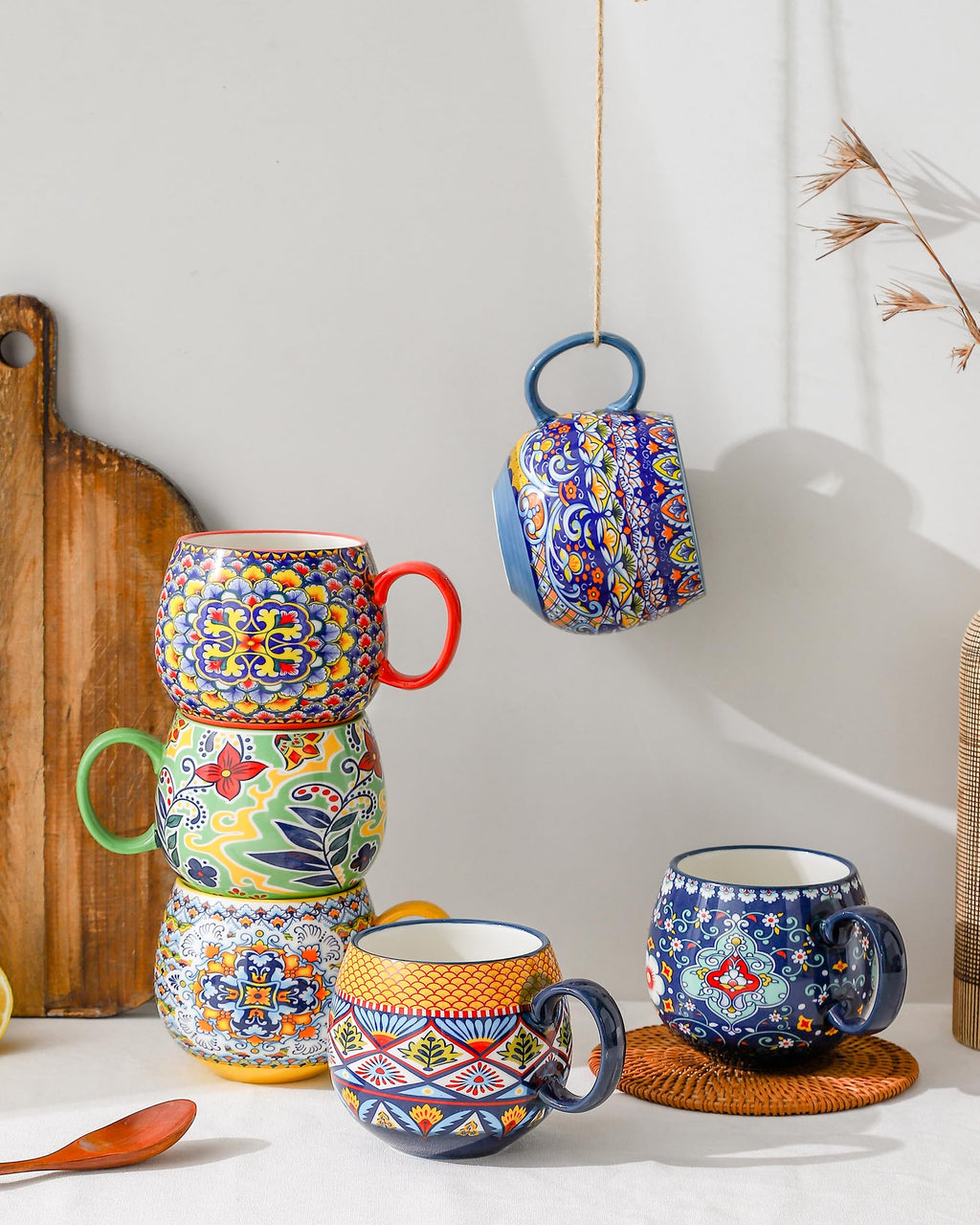 HENXFEN LEAD 20 oz Porcelain Coffee Mugs – 6 Pack Bohemian Stackable Cups