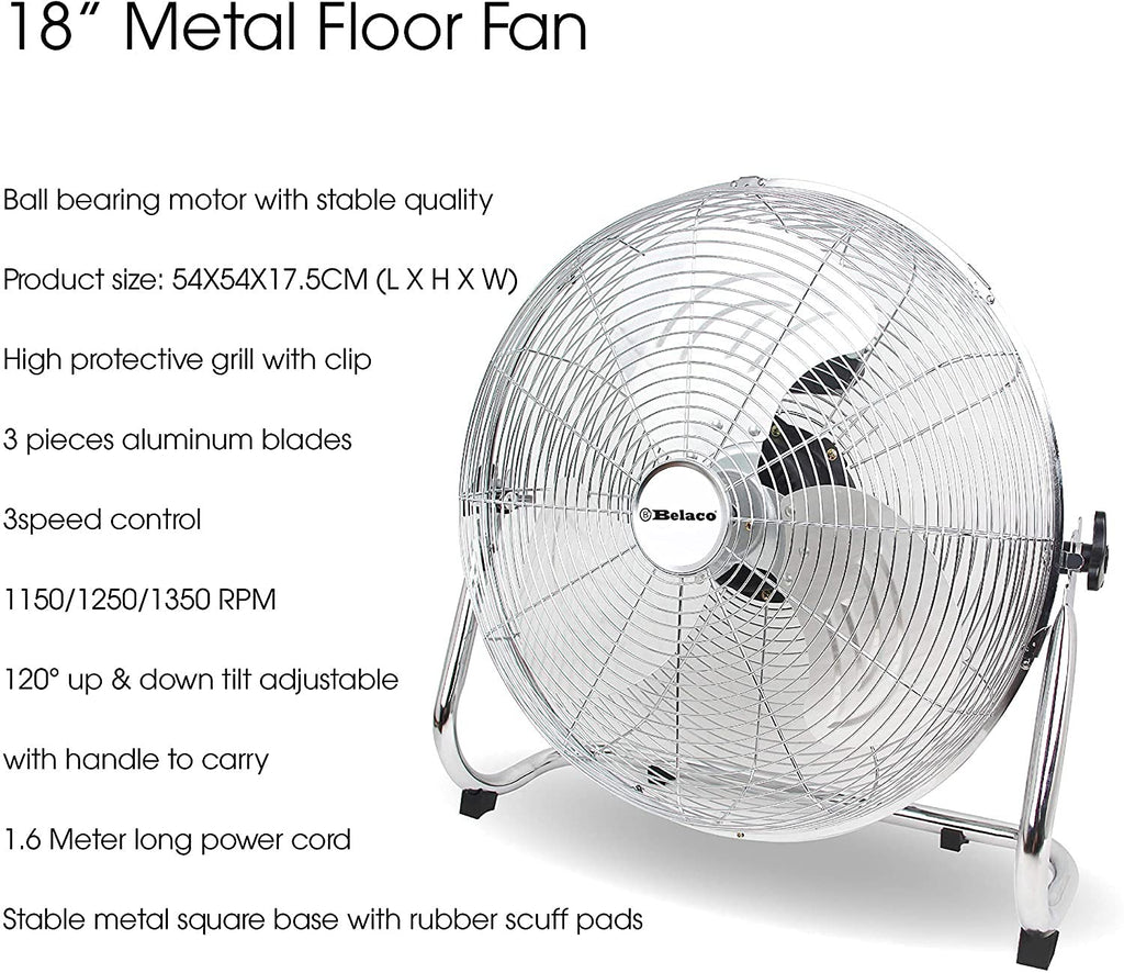 Belaco 18-Inch Metal Floor Fan | 100W High Velocity Chrome Industrial Fan