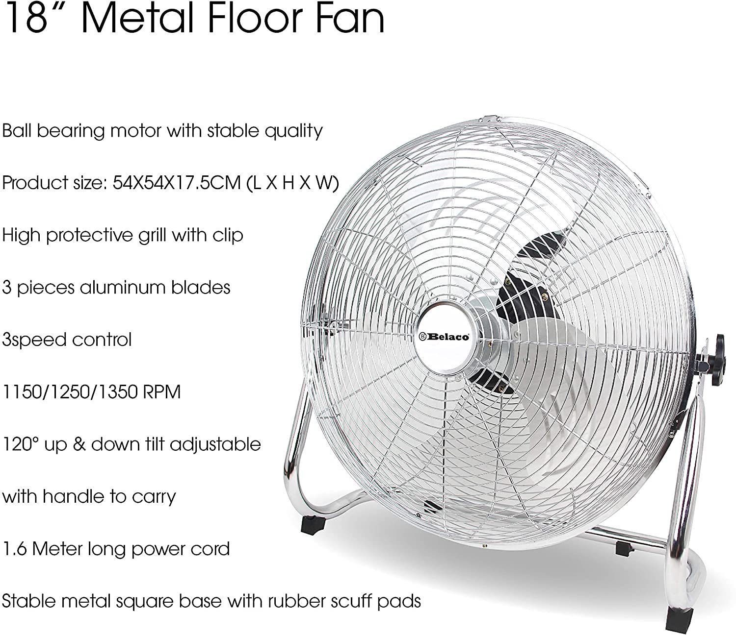 Belaco 18-Inch Metal Floor Fan | 100W High Velocity Chrome Industrial Fan