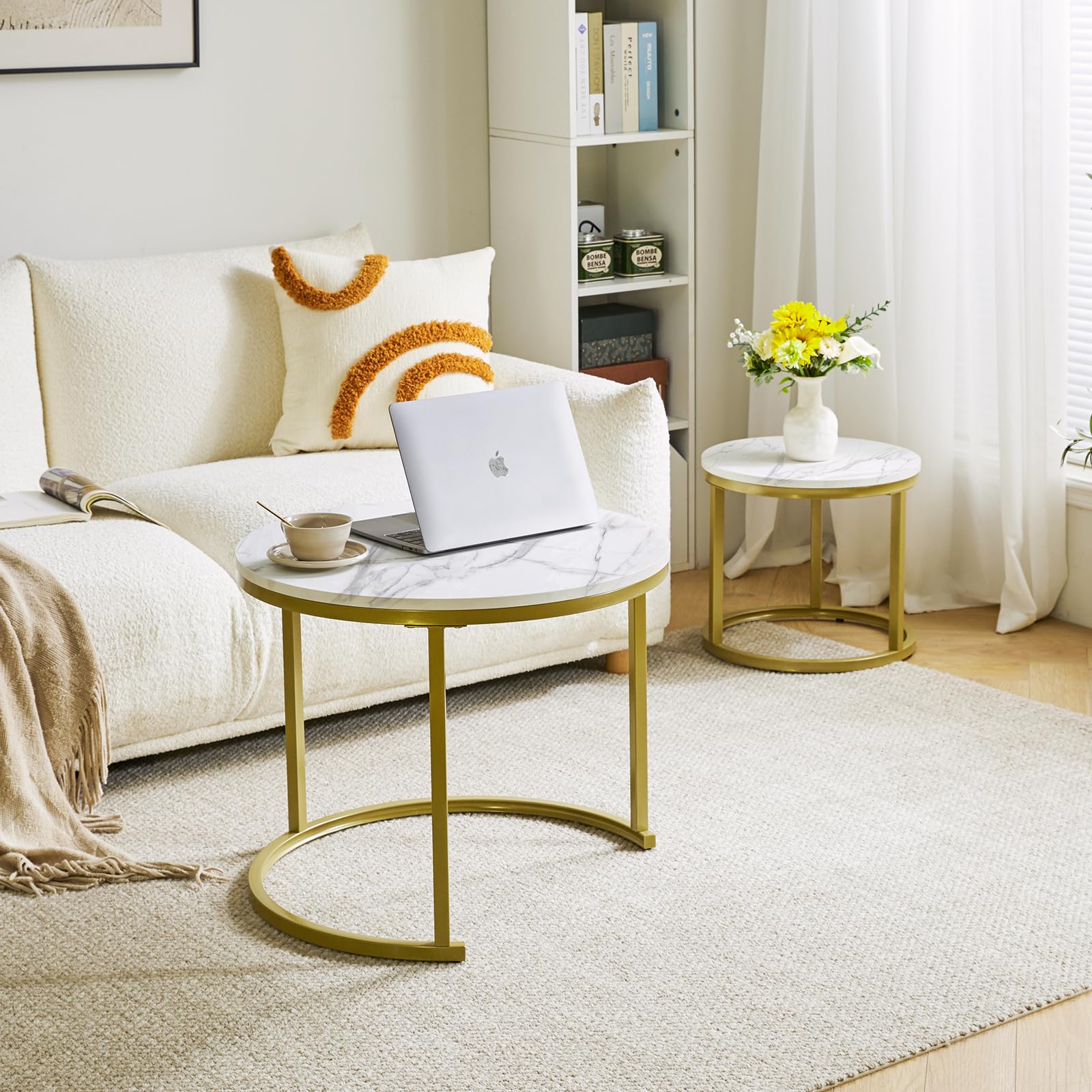 IBUYKE Round Nesting Coffee Table Set of 2 – Rustic Brown Wood & Metal