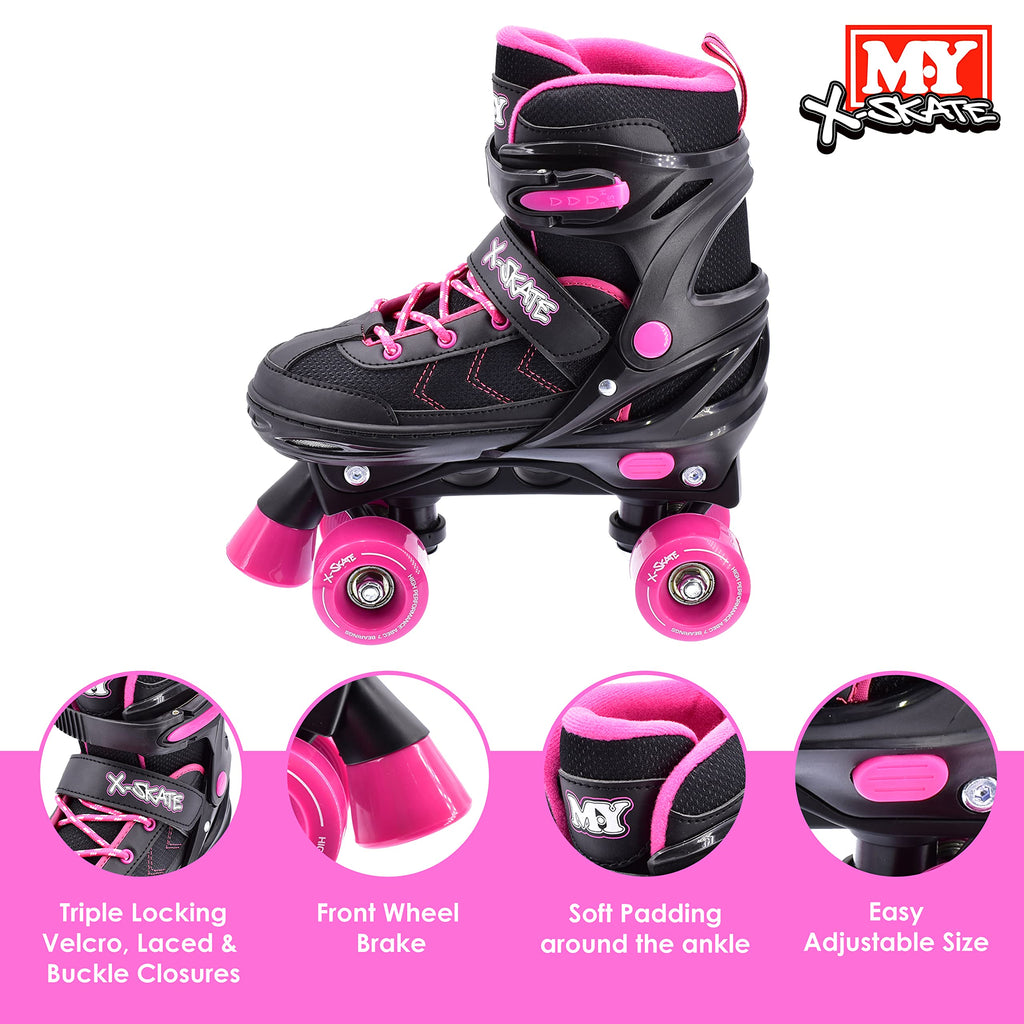 M.Y X-Skate Kids Adjustable Pink Quad Roller Skates – Small (UK 12-2)