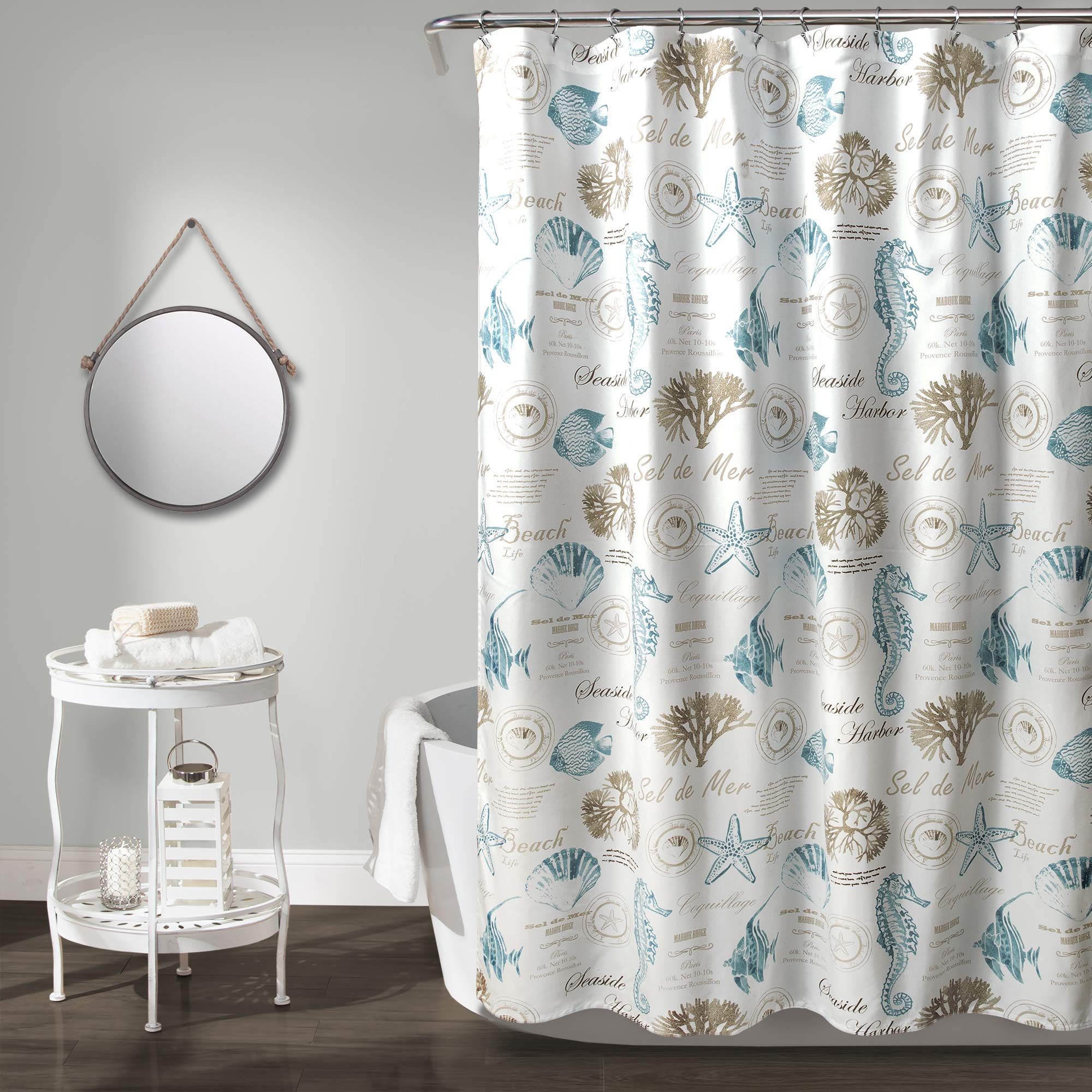 Lush Decor Harbor Life Coastal Shower Curtain | Blue & Taupe Sea Life, 72x72