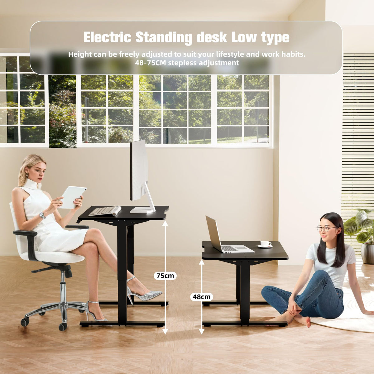 ERGOMAKER Low Height Electric Standing Desk, Lifts 48-75cm, 80x60cm, Black - image 2