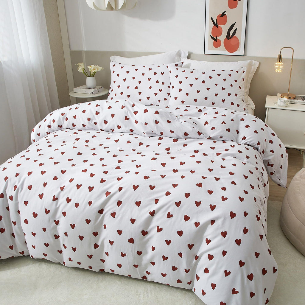 Ruccit Red Heart Duvet Cover Set | 100% Cotton Double Bedding - 3pcs