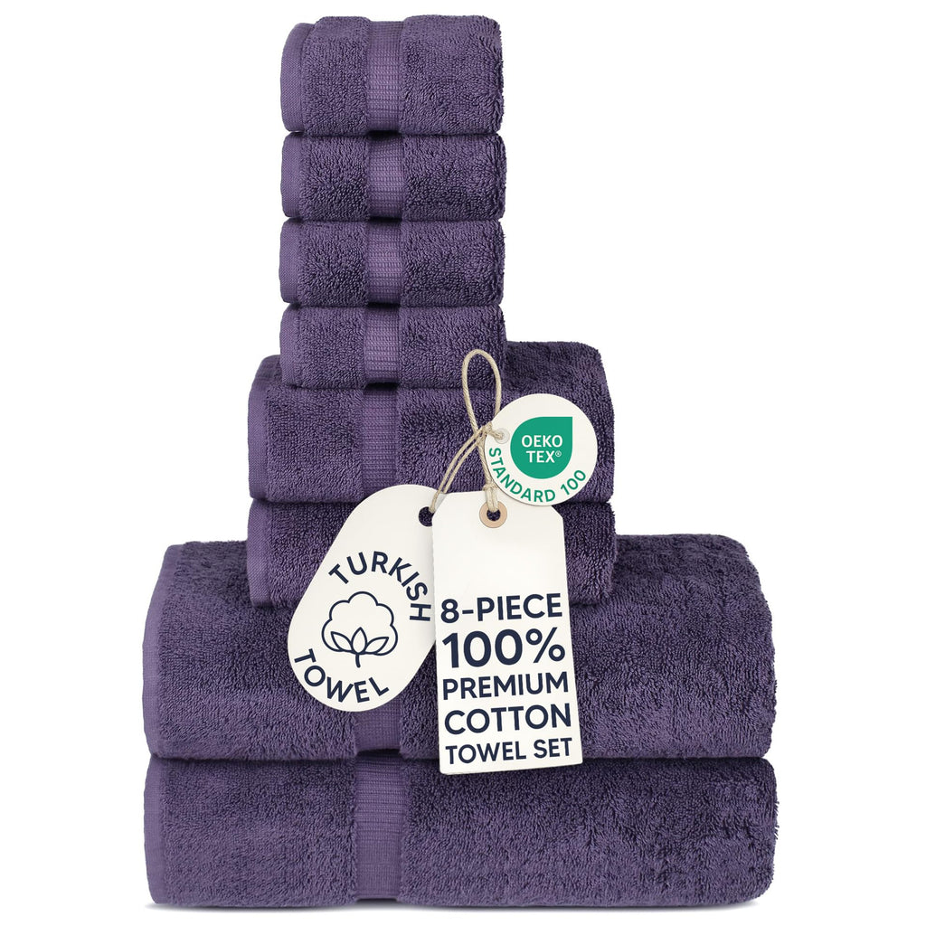 Chakir Turkish Linens | Hotel & Spa Quality 100% Cotton Premium Turkish Towels | Soft & Absorbent 8-Piece Towel Sets, Plum