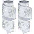 Snowflake Wired Ribbon – 2.5" White Satin Glittered Edge, 2 Rolls