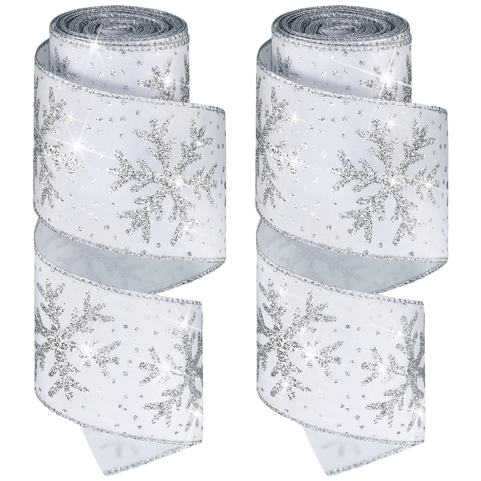 Snowflake Wired Ribbon – 2.5" White Satin Glittered Edge, 2 Rolls