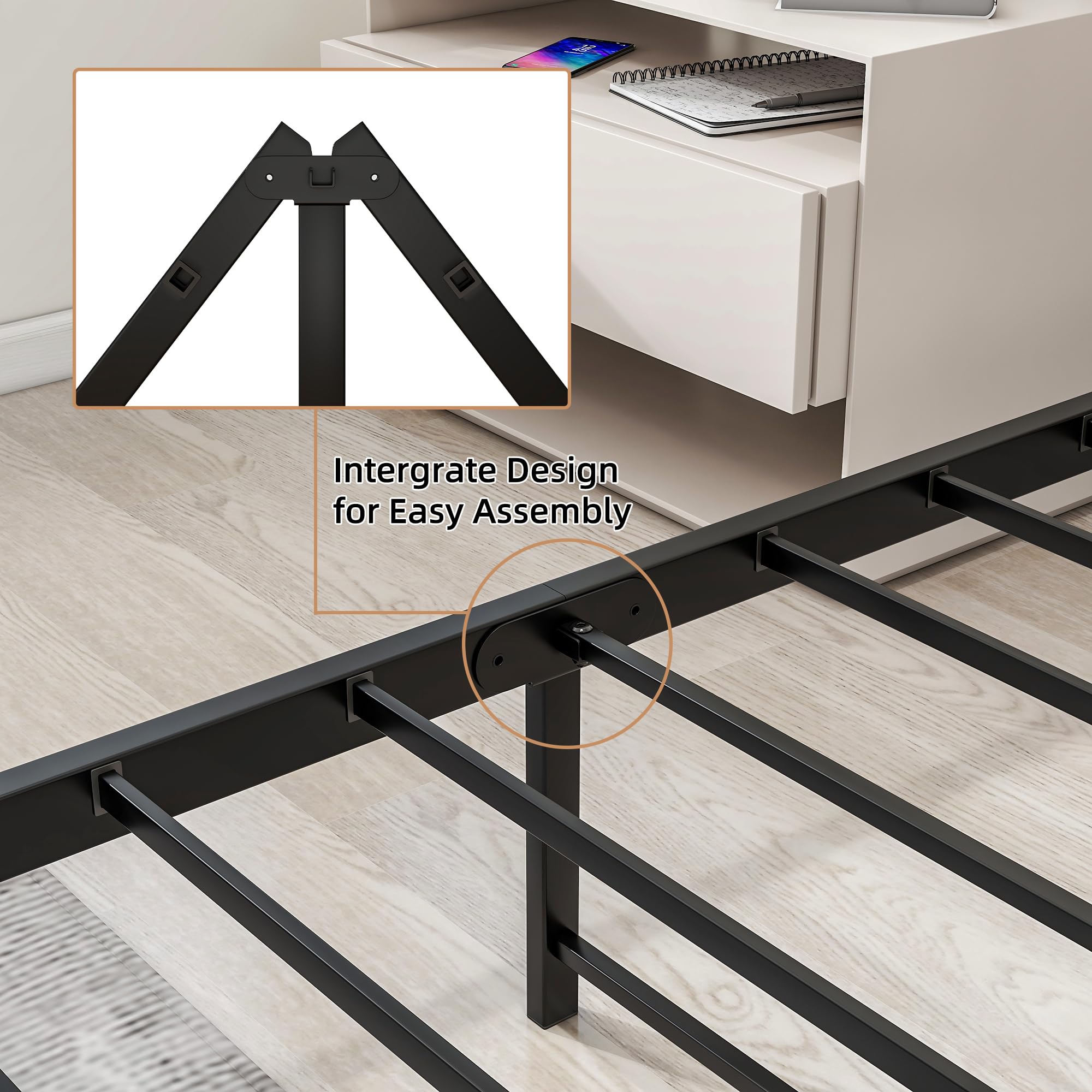 HOJINLINERO Single Metal Bed Frame with Wood Headboard – Industrial Style