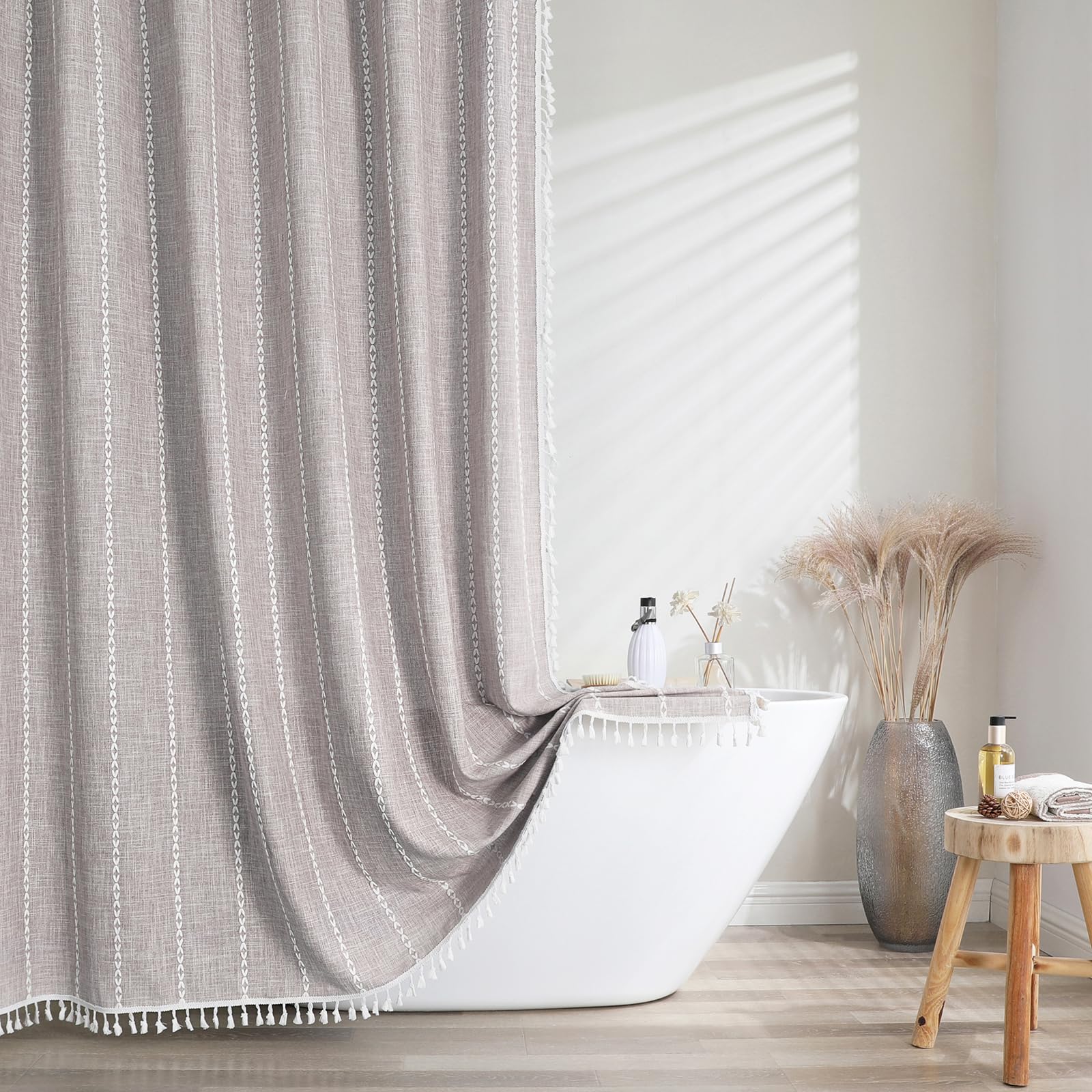 Meioro Linen Fabric Boho Shower Curtain – Heavy Duty Farmhouse Bath Decor