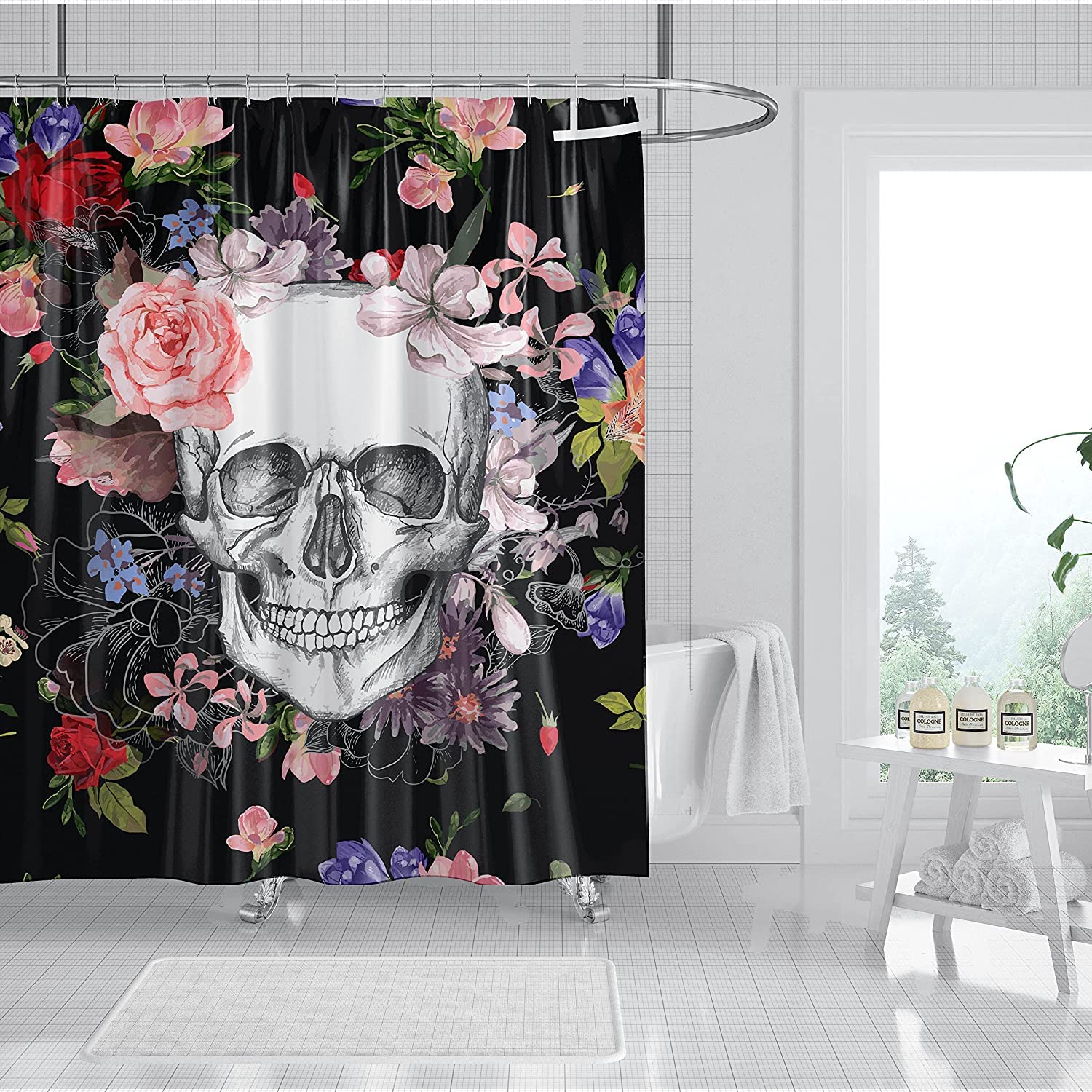 Jolof Store Skull & Green Leaf Shower Curtain | 180x180cm Polyester