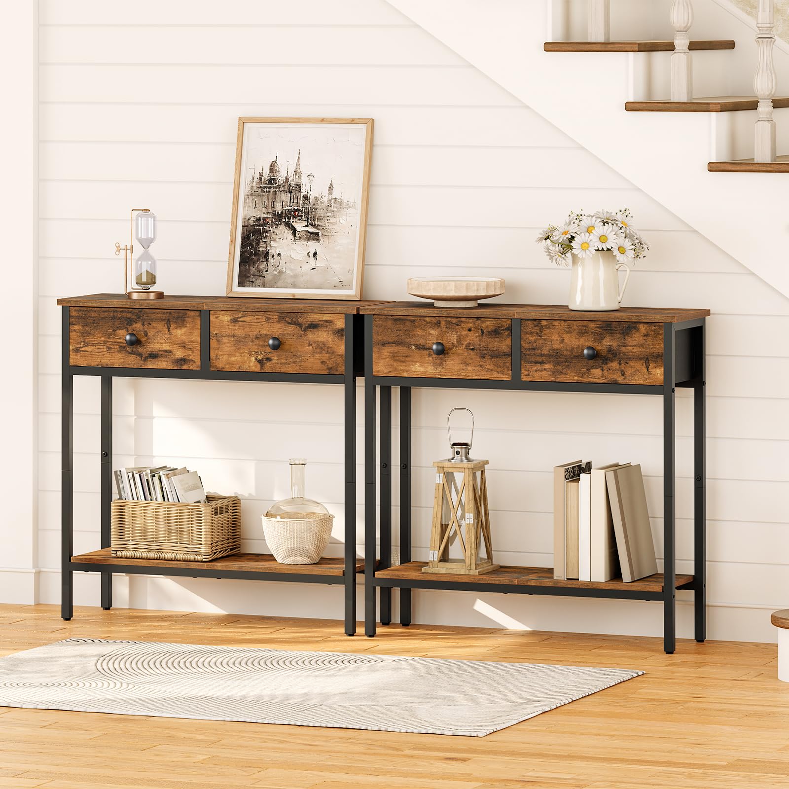 HOOBRO Slim Console Table – Narrow Industrial Hallway Table with 2 Drawers