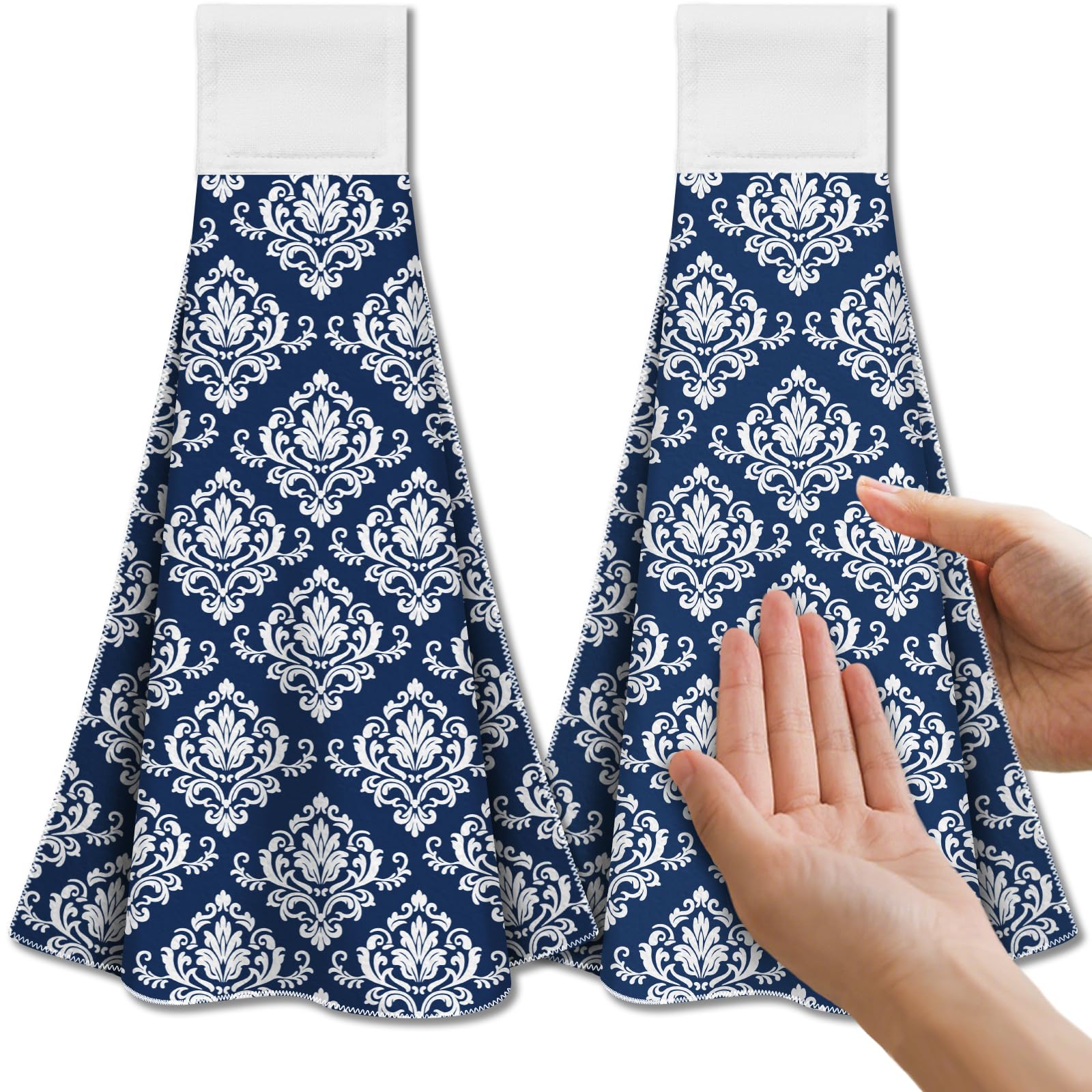 CUTHOLLOW Blue Retro Damask Microfiber Tea Towels with Loop - Set of 2