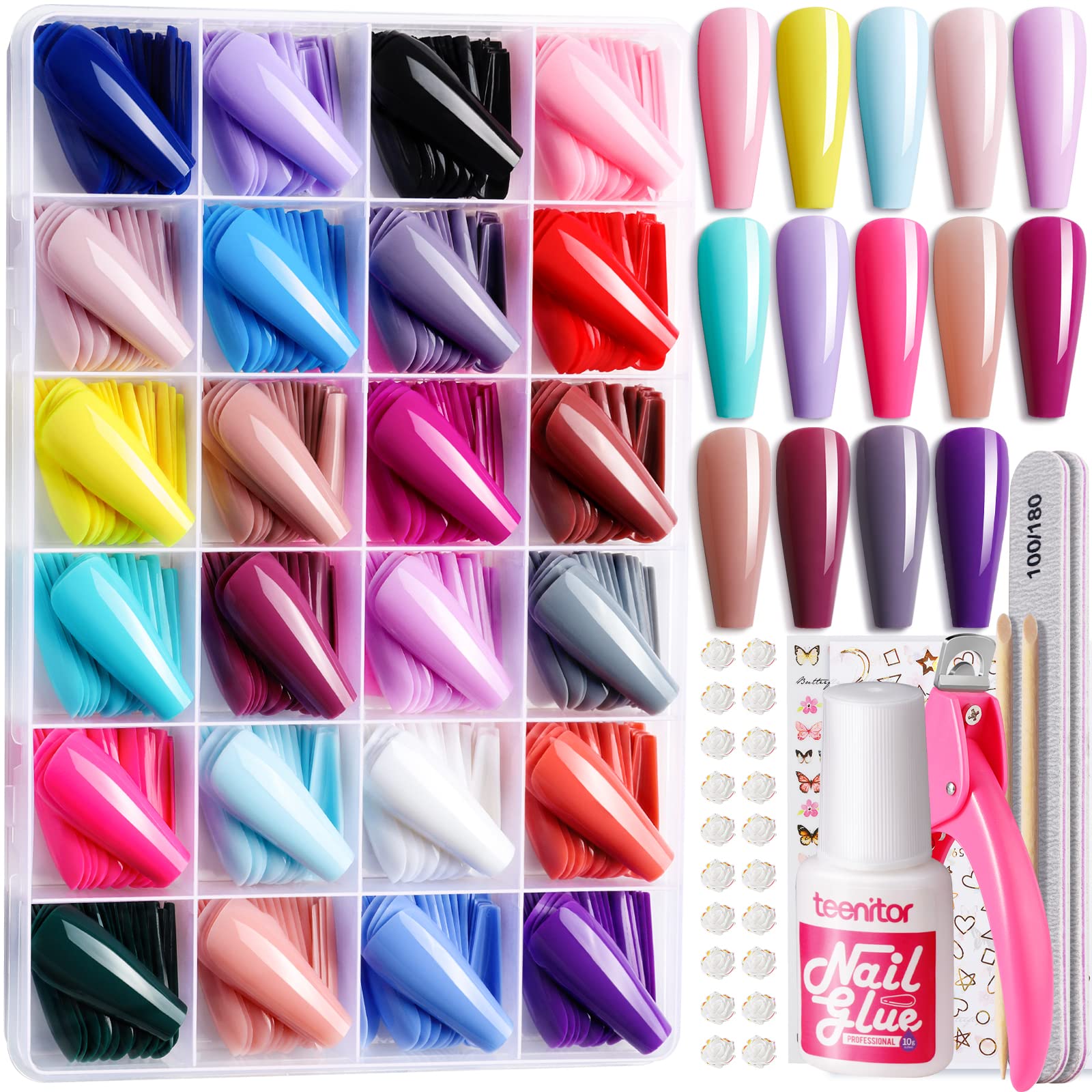 Teenitor 24 Colors Long Coffin Press On Nails Kit with Glue and Clipper