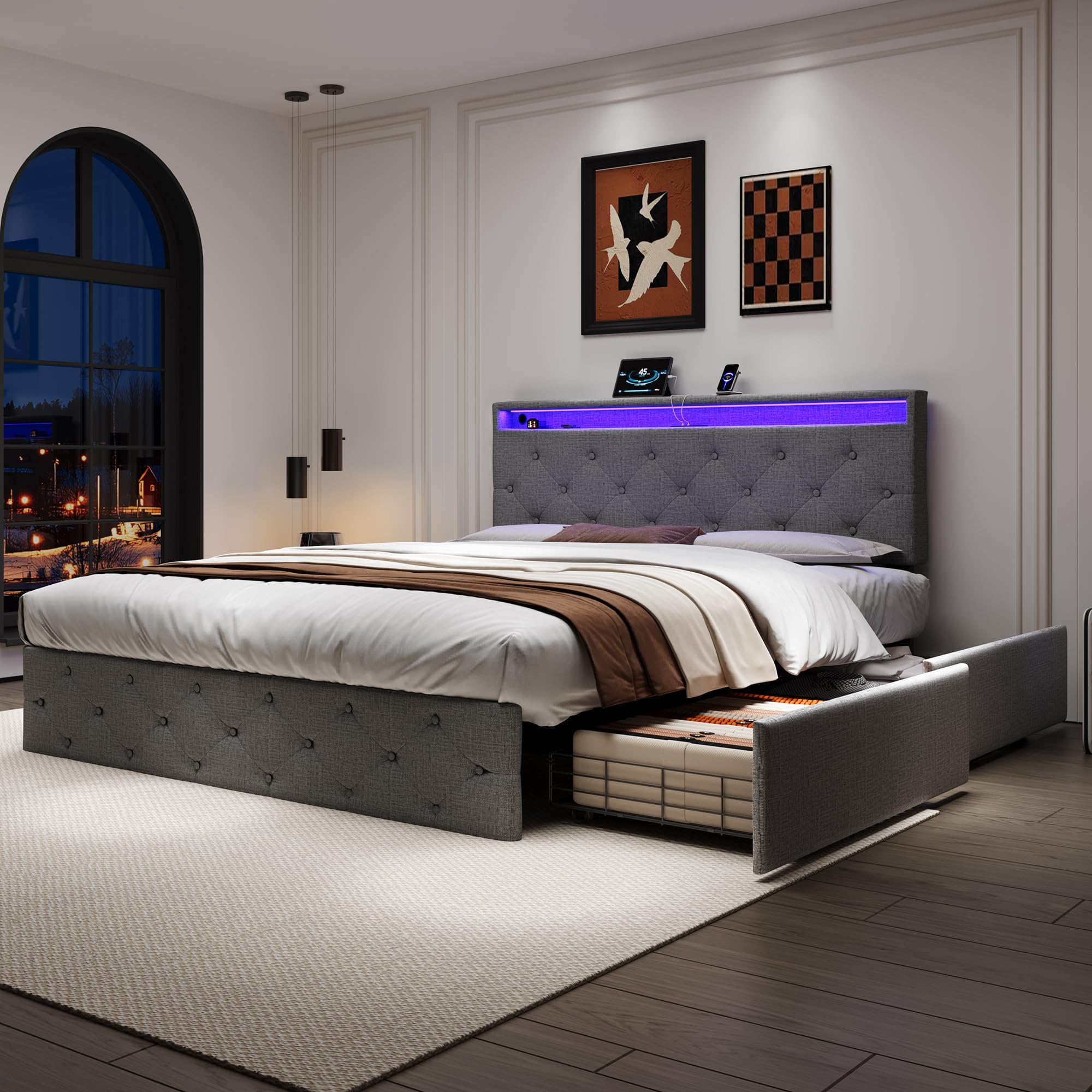 Ball & Cast Double Upholstered Bed with 4 Drawers, LED & USB – Grey