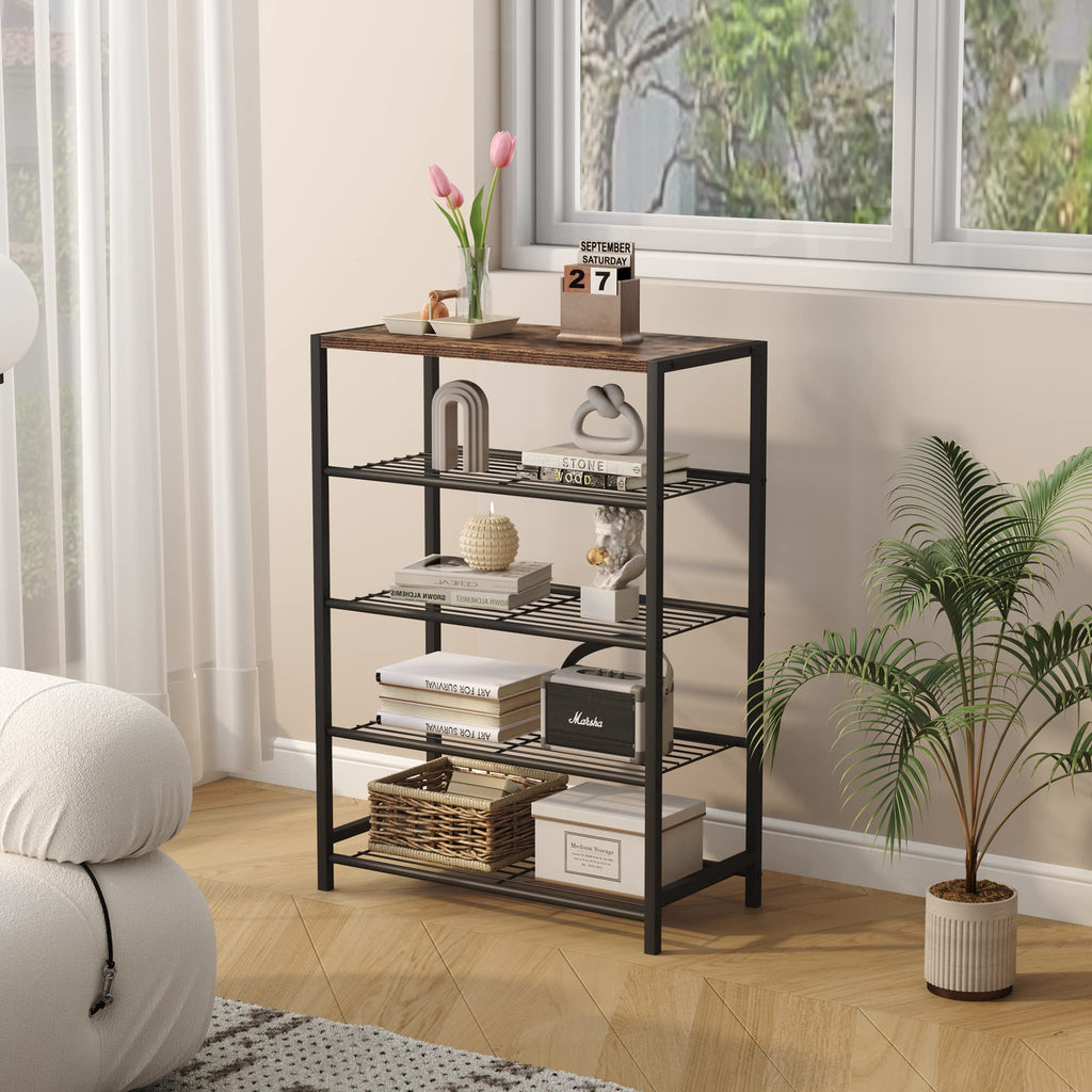 HOME BI 5-Tier Industrial Shoe Rack | Metal Storage Organizer with MDF Top