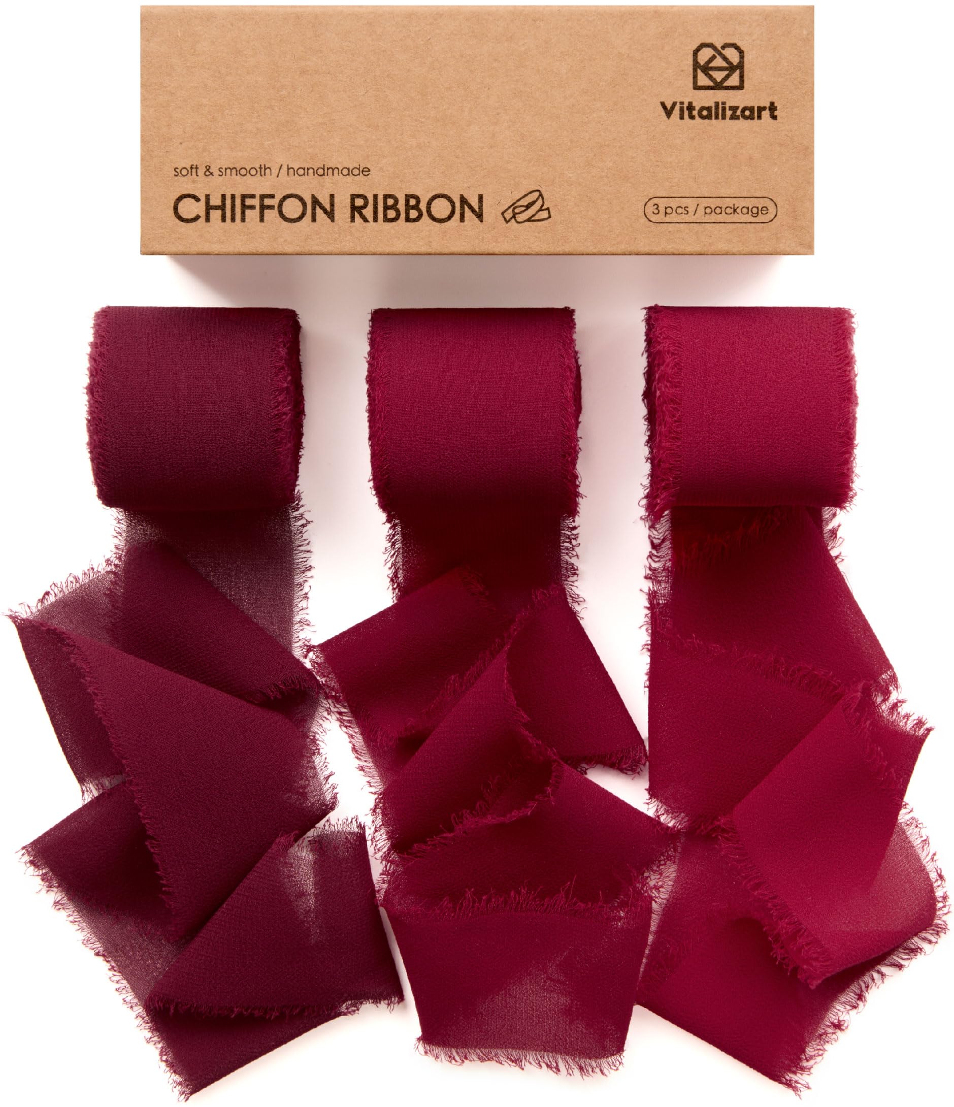 Vitalizart Burgundy Chiffon Ribbon – 1.5" x 21 Yd Handmade Frayed Fringe