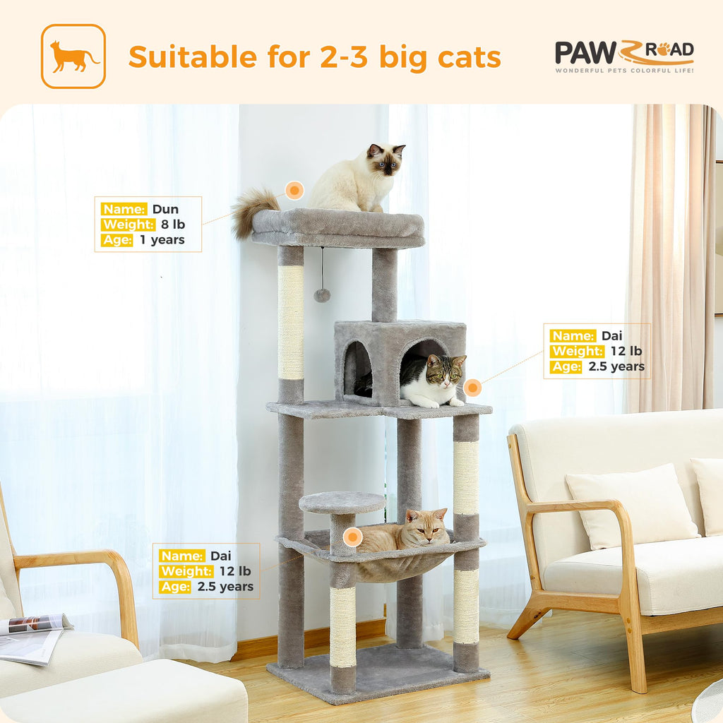 PAWZ Road 56" Multi-Level Cat Tree with Large Hammock & House - Grey